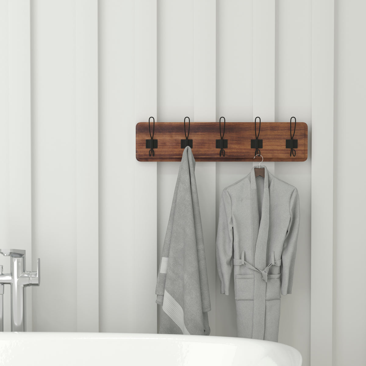 Daly Wall Mounted Solid Pine Wood Storage Rack with 5 Hanging Hooks For Entryway, Kitchen, Bathroom