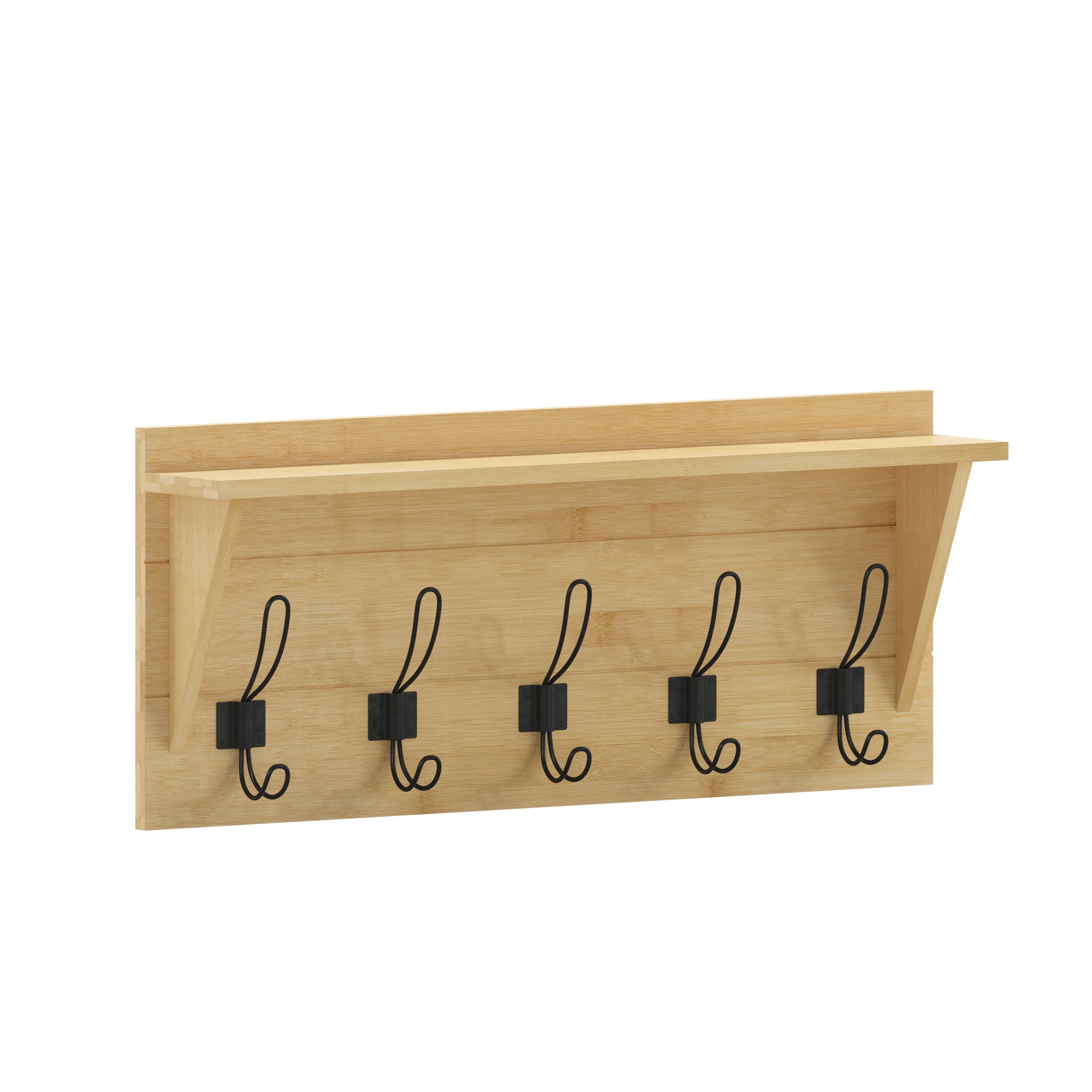 Daly Wall Mounted Solid Pine Wood Storage Rack with Upper Shelf and 5 Hanging Hooks For Entryway, Kitchen, Bathroom-Coat Racks-Flash Furniture-Wall2Wall Furnishings