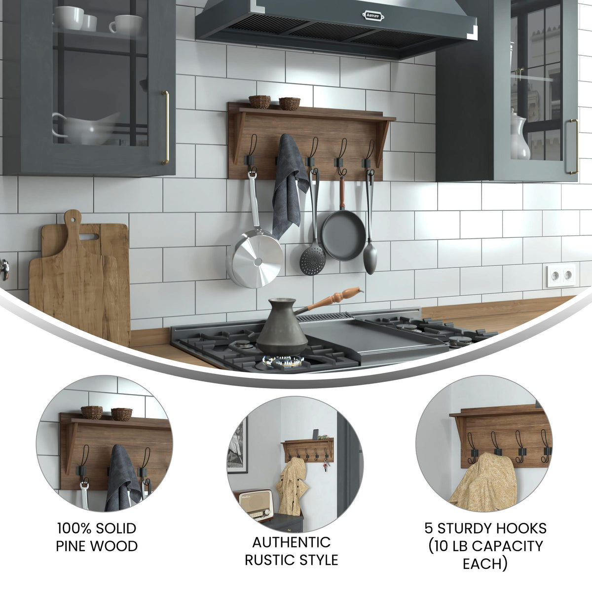 Daly Wall Mounted Solid Pine Wood Storage Rack with Upper Shelf and 5 Hanging Hooks For Entryway, Kitchen, Bathroom