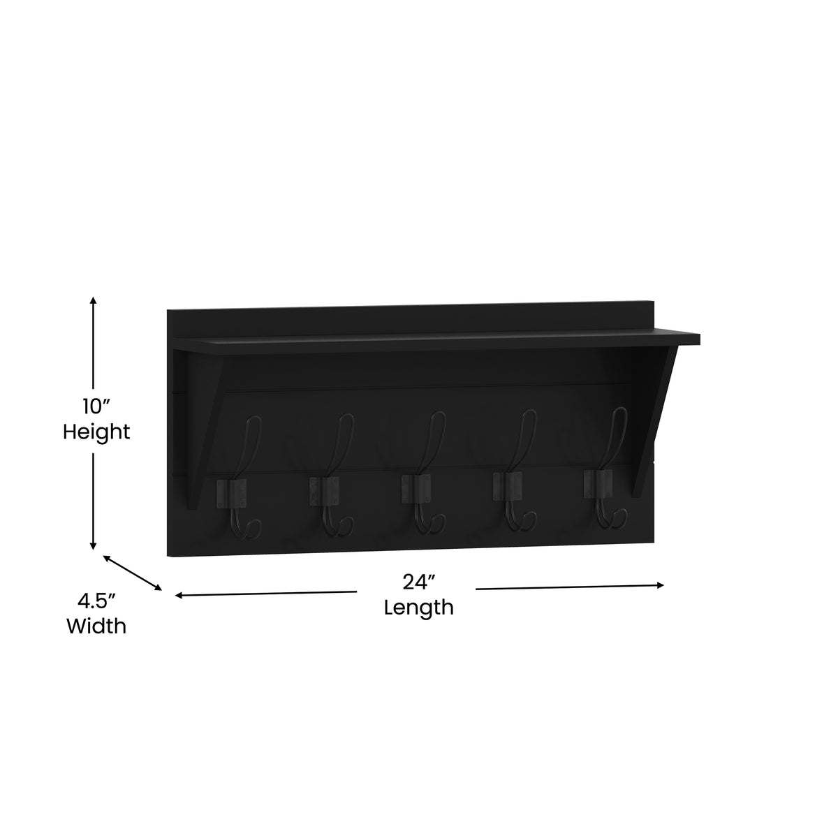 Daly Wall Mounted Solid Pine Wood Storage Rack with Upper Shelf and 5 Hanging Hooks For Entryway, Kitchen, Bathroom
