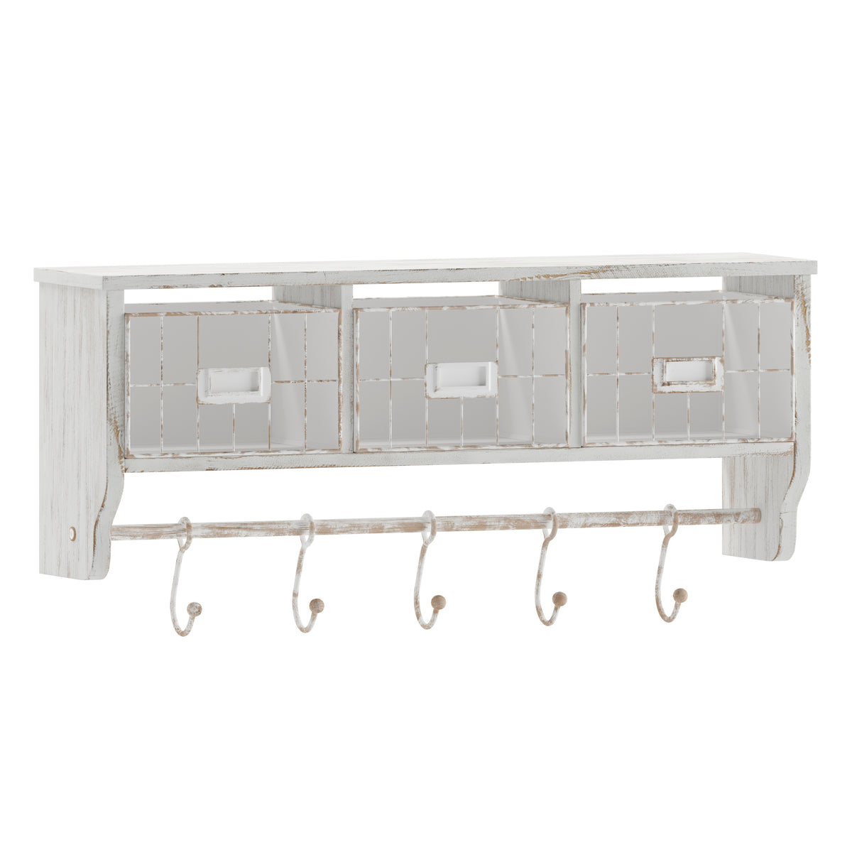 Daly Wall Mounted 24 Inch Solid Pine Wood Storage Rack with Upper Shelf, 5 Hanging Hooks, and Wire Baskets For Entryway, Kitchen, Bathroom