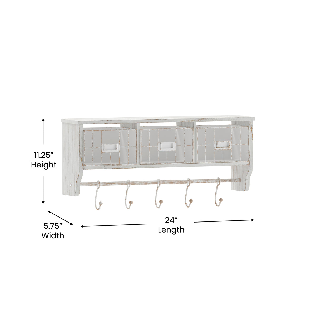 Daly Wall Mounted 24 Inch Solid Pine Wood Storage Rack with Upper Shelf, 5 Hanging Hooks, and Wire Baskets For Entryway, Kitchen, Bathroom