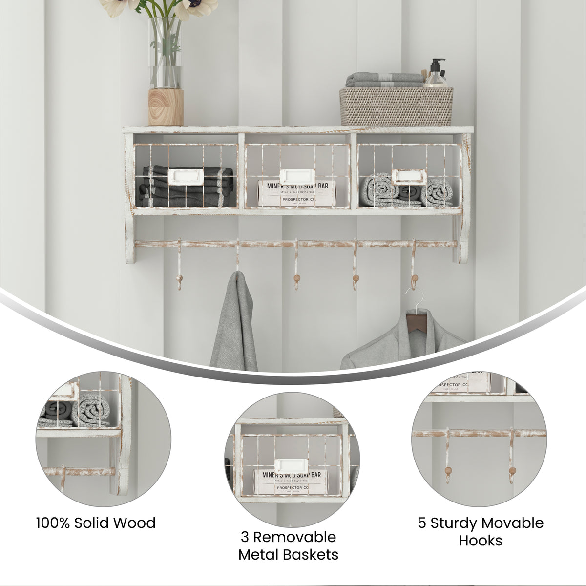Daly Wall Mounted 24 Inch Solid Pine Wood Storage Rack with Upper Shelf, 5 Hanging Hooks, and Wire Baskets For Entryway, Kitchen, Bathroom
