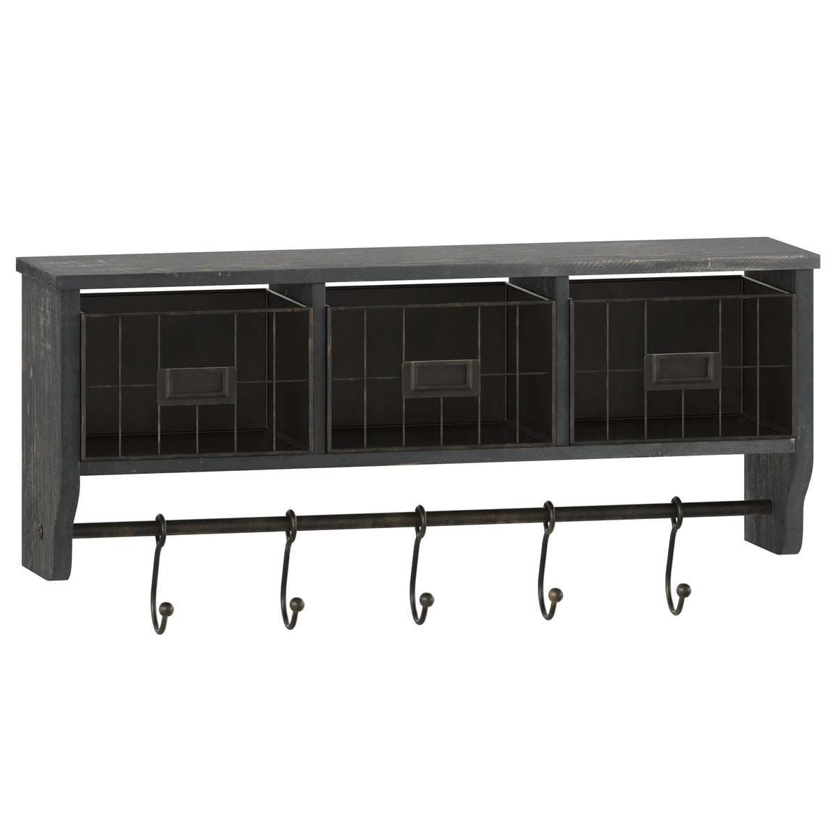 Daly Wall Mounted 24 Inch Solid Pine Wood Storage Rack with Upper Shelf, 5 Hanging Hooks, and Wire Baskets For Entryway, Kitchen, Bathroom