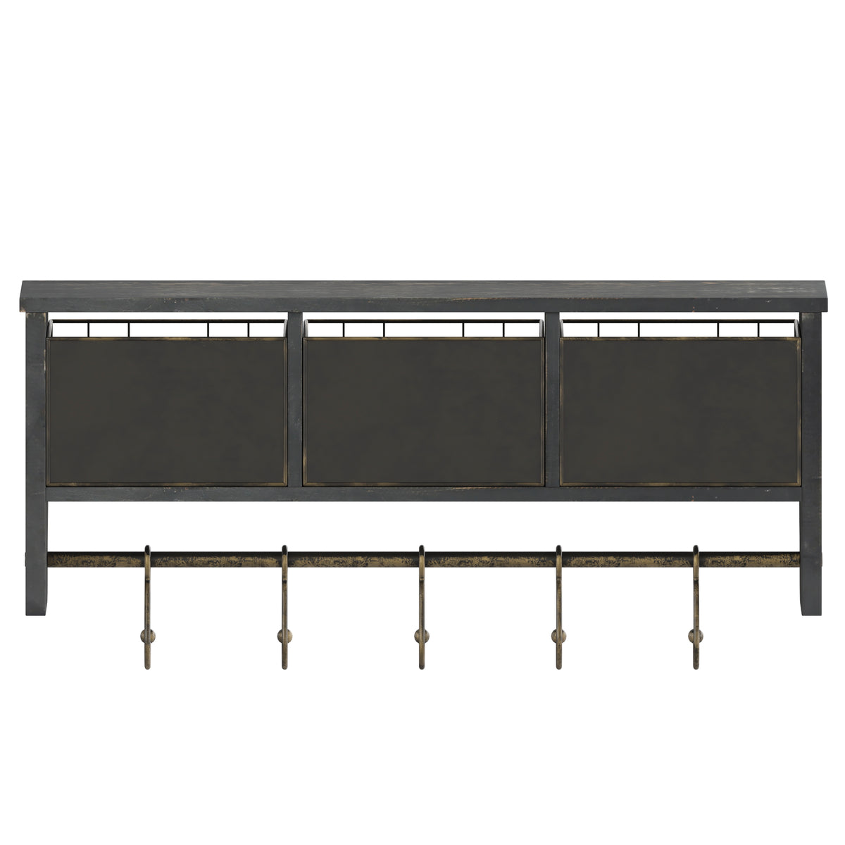 Daly Wall Mounted 24 Inch Solid Pine Wood Storage Rack with Upper Shelf, 5 Hanging Hooks, and Wire Baskets For Entryway, Kitchen, Bathroom
