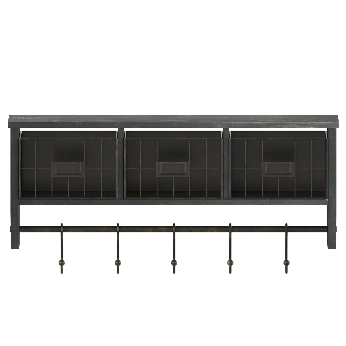 Daly Wall Mounted 24 Inch Solid Pine Wood Storage Rack with Upper Shelf, 5 Hanging Hooks, and Wire Baskets For Entryway, Kitchen, Bathroom