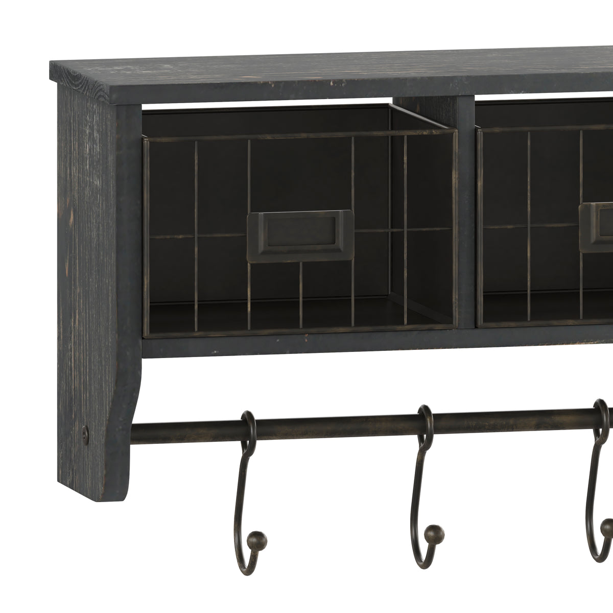 Daly Wall Mounted 24 Inch Solid Pine Wood Storage Rack with Upper Shelf, 5 Hanging Hooks, and Wire Baskets For Entryway, Kitchen, Bathroom