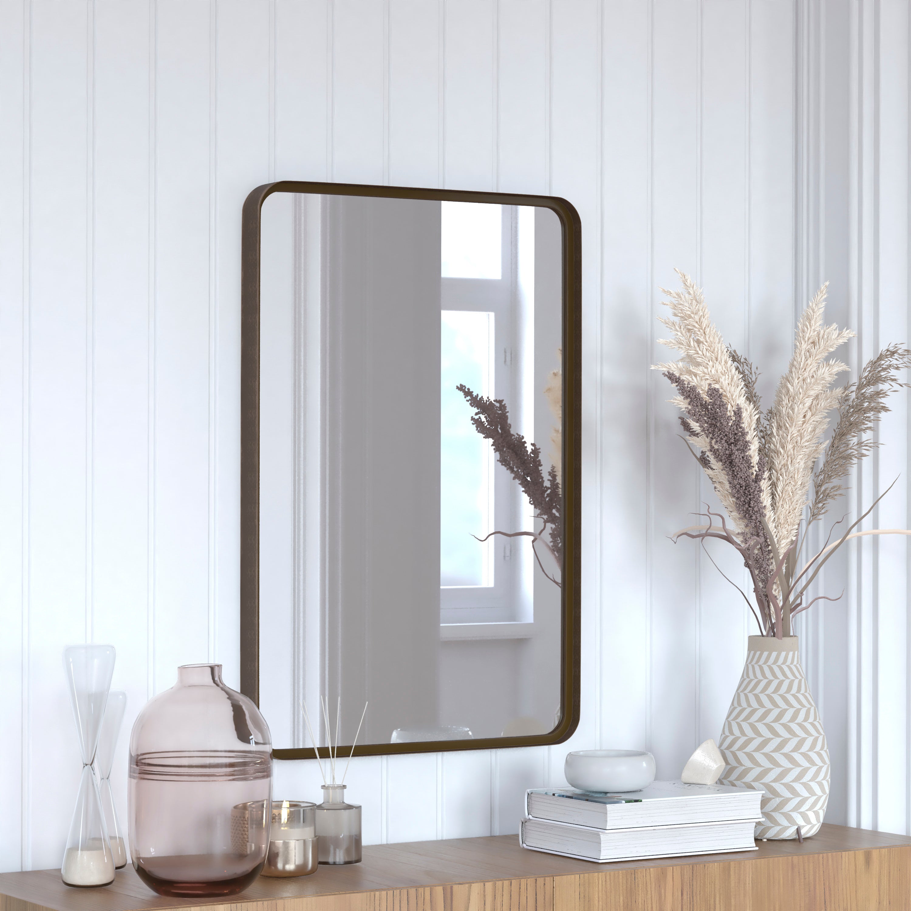 Janinne Decorative Wall Mirror - Rounded Corners, Bathroom & Living Room Glass Mirror Hangs Horizontal Or Vertical