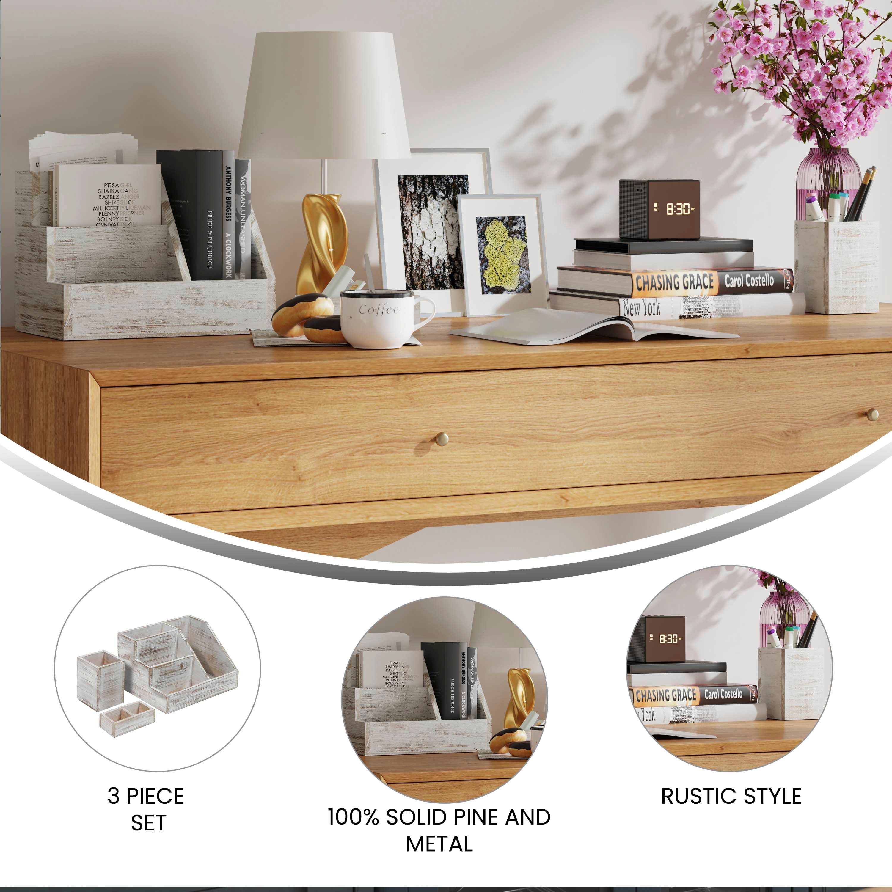 Comerford 3 Piece Metal and Wood Organizer Set For Desktop, Countertop, or Vanity