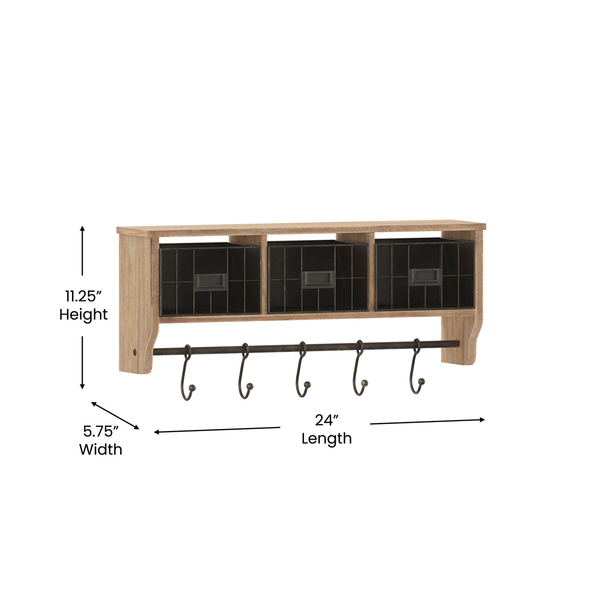 Daly Wall Mounted 24 Inch Solid Pine Wood Storage Rack with Upper Shelf, 5 Hanging Hooks, and Wire Baskets For Entryway, Kitchen, Bathroom