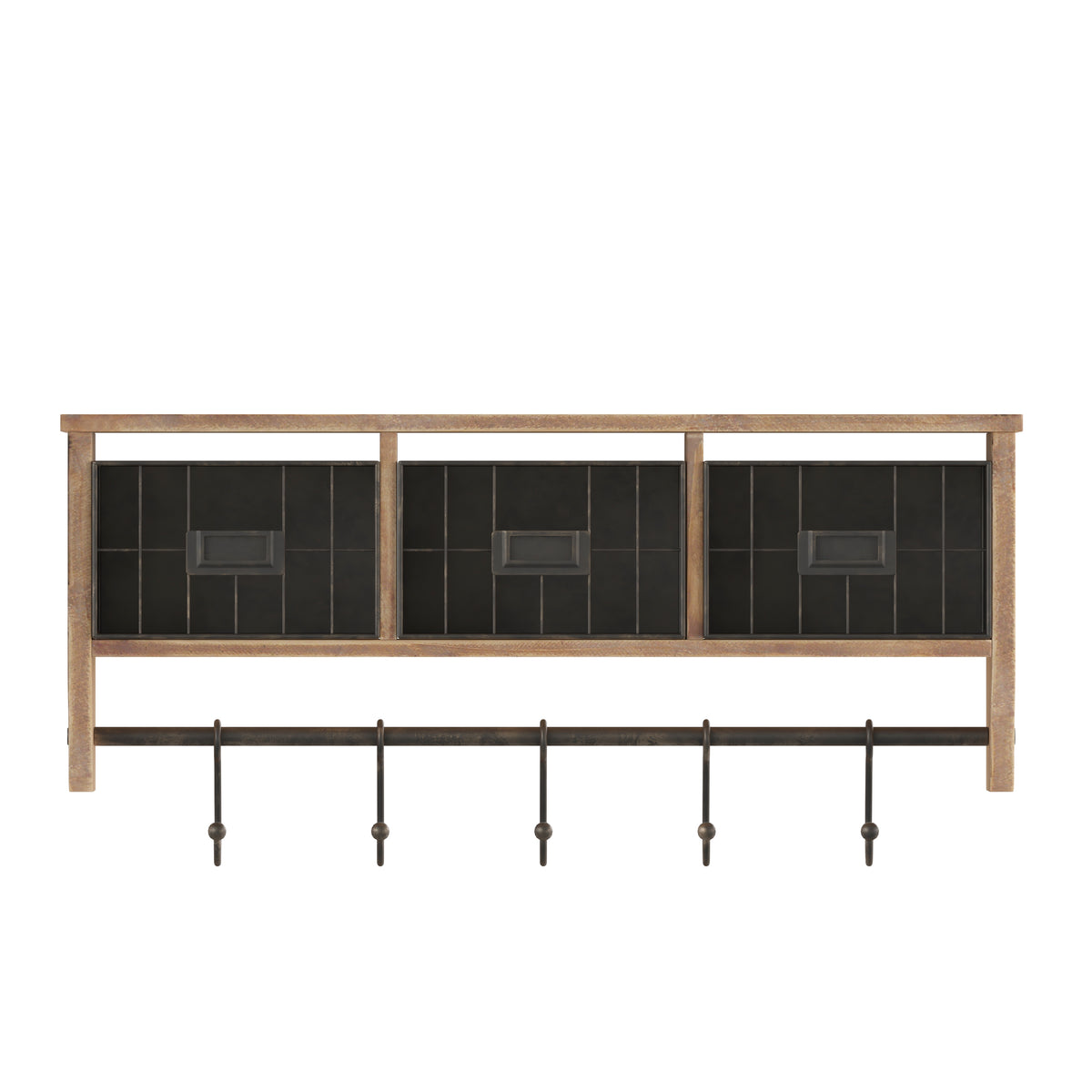 Daly Wall Mounted 24 Inch Solid Pine Wood Storage Rack with Upper Shelf, 5 Hanging Hooks, and Wire Baskets For Entryway, Kitchen, Bathroom