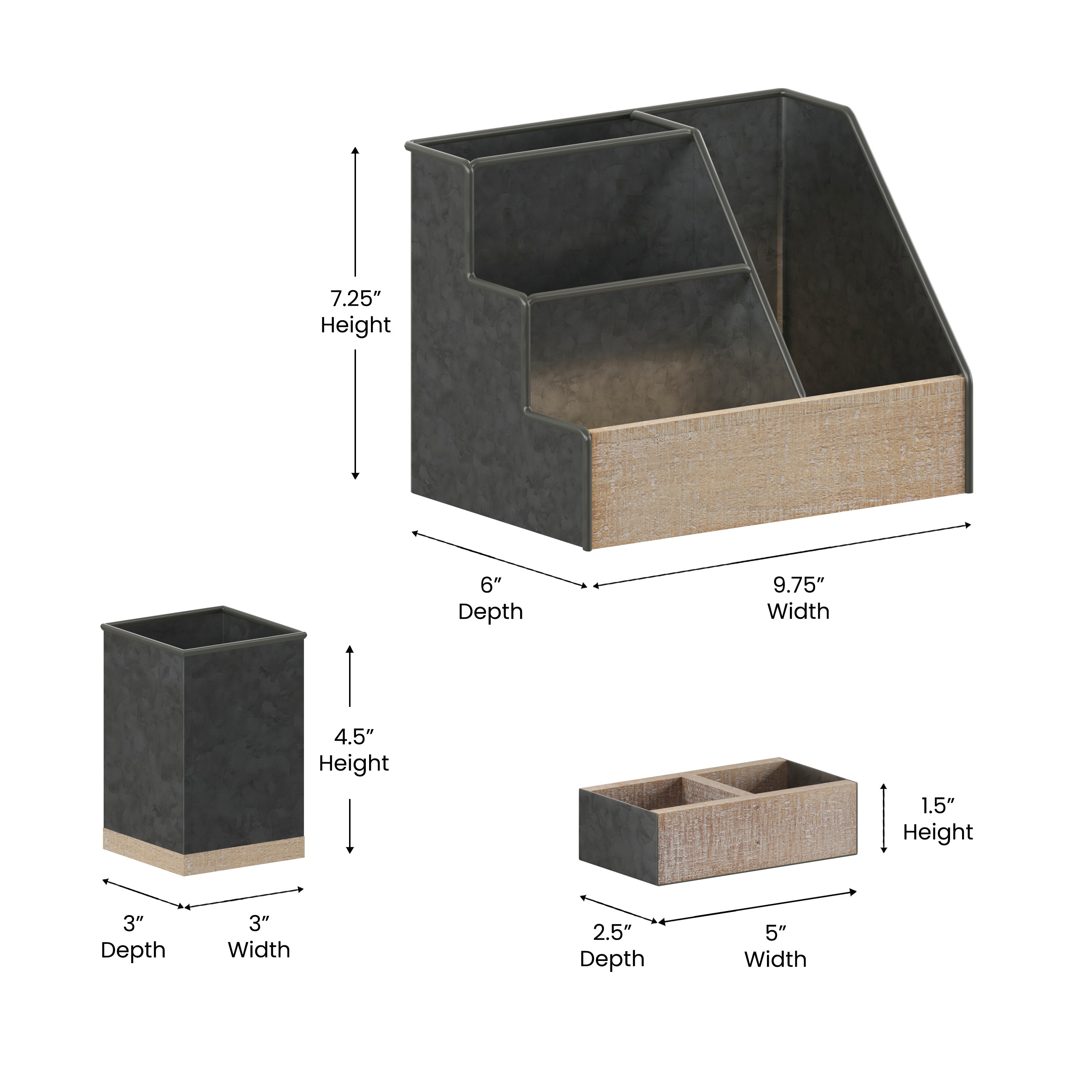 Comerford 3 Piece Metal and Wood Organizer Set For Desktop, Countertop, or Vanity