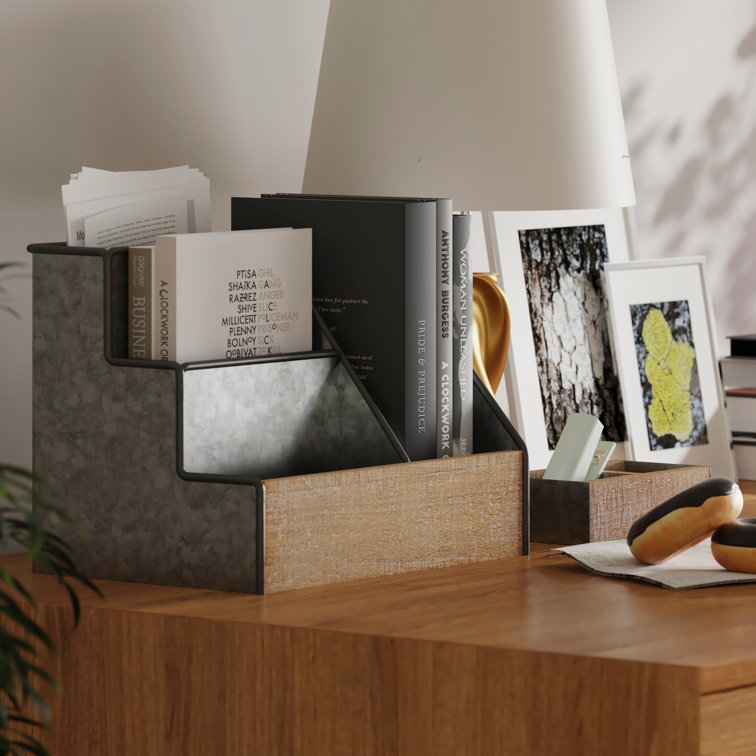 Comerford 3 Piece Metal and Wood Organizer Set For Desktop, Countertop, or Vanity