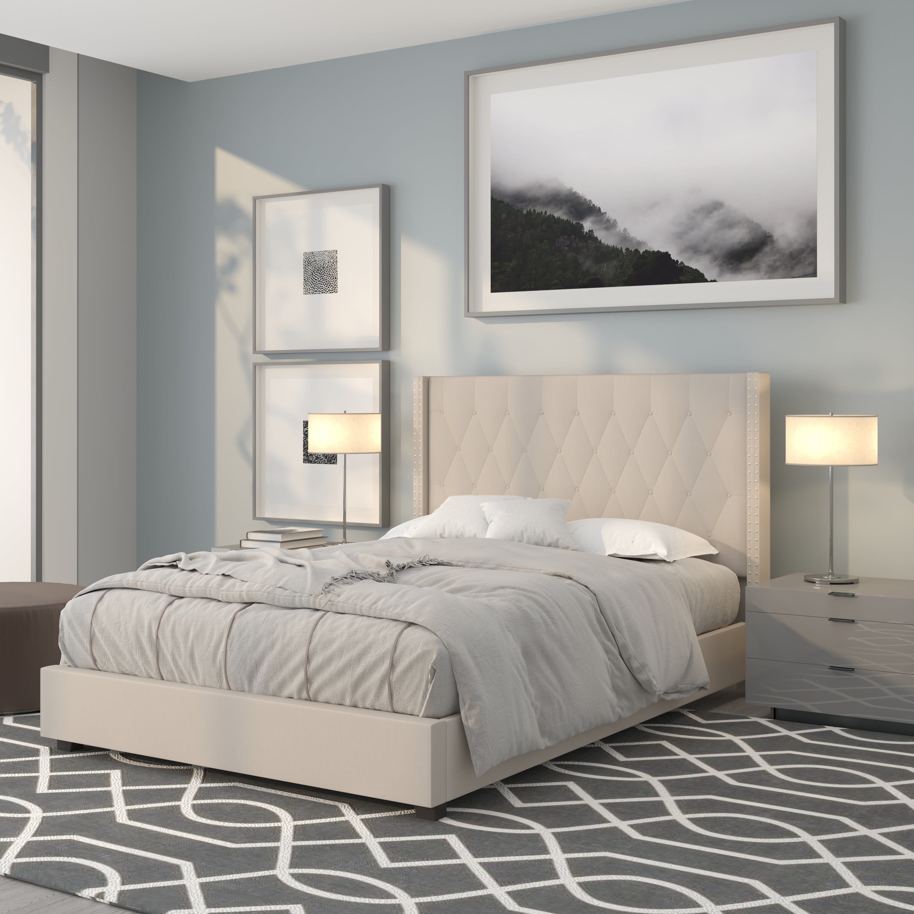 Riverdale Tufted Upholstered Platform Bed with Accent Nail Trimmed Extended Sides
