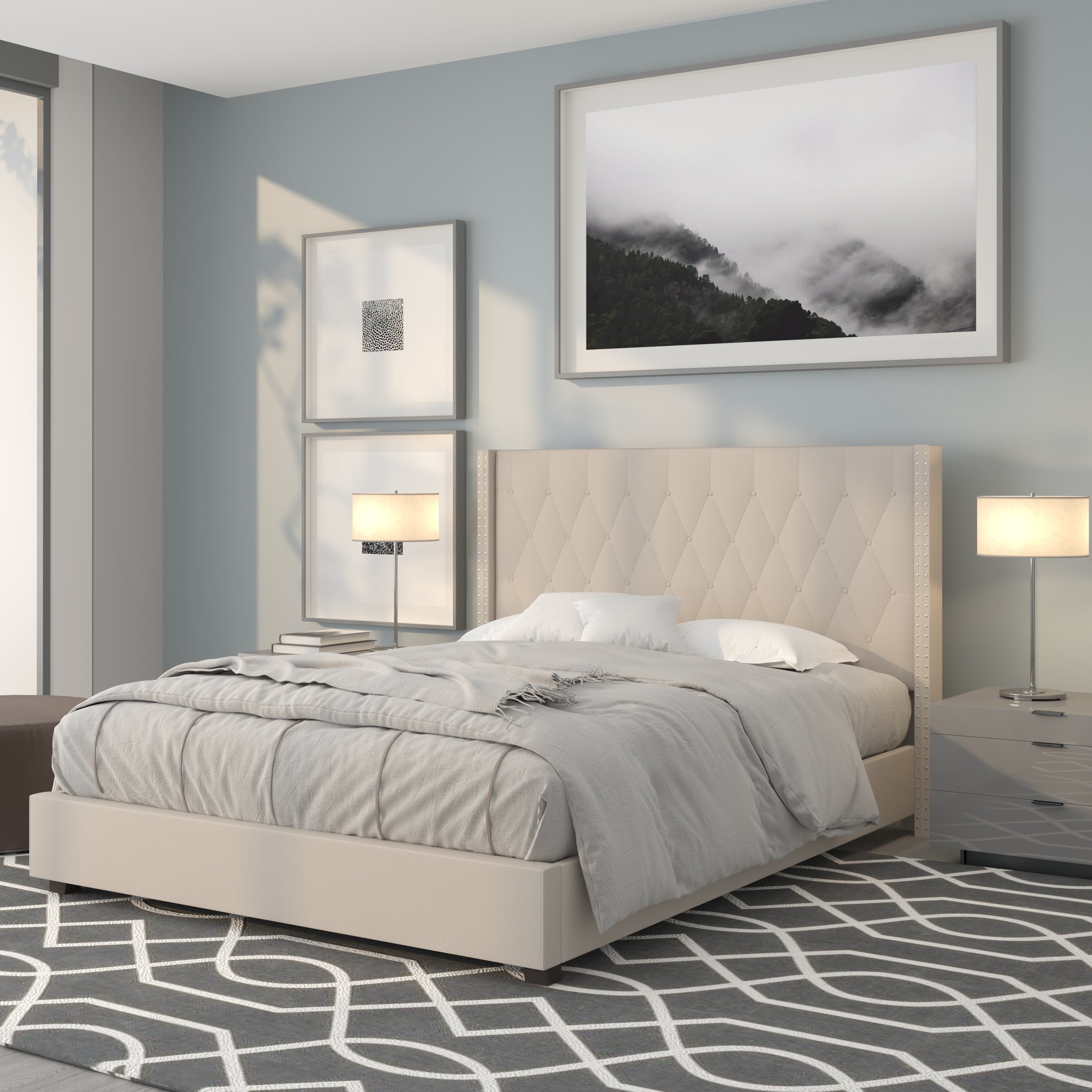 Riverdale Tufted Upholstered Platform Bed with Accent Nail Trimmed Extended Sides