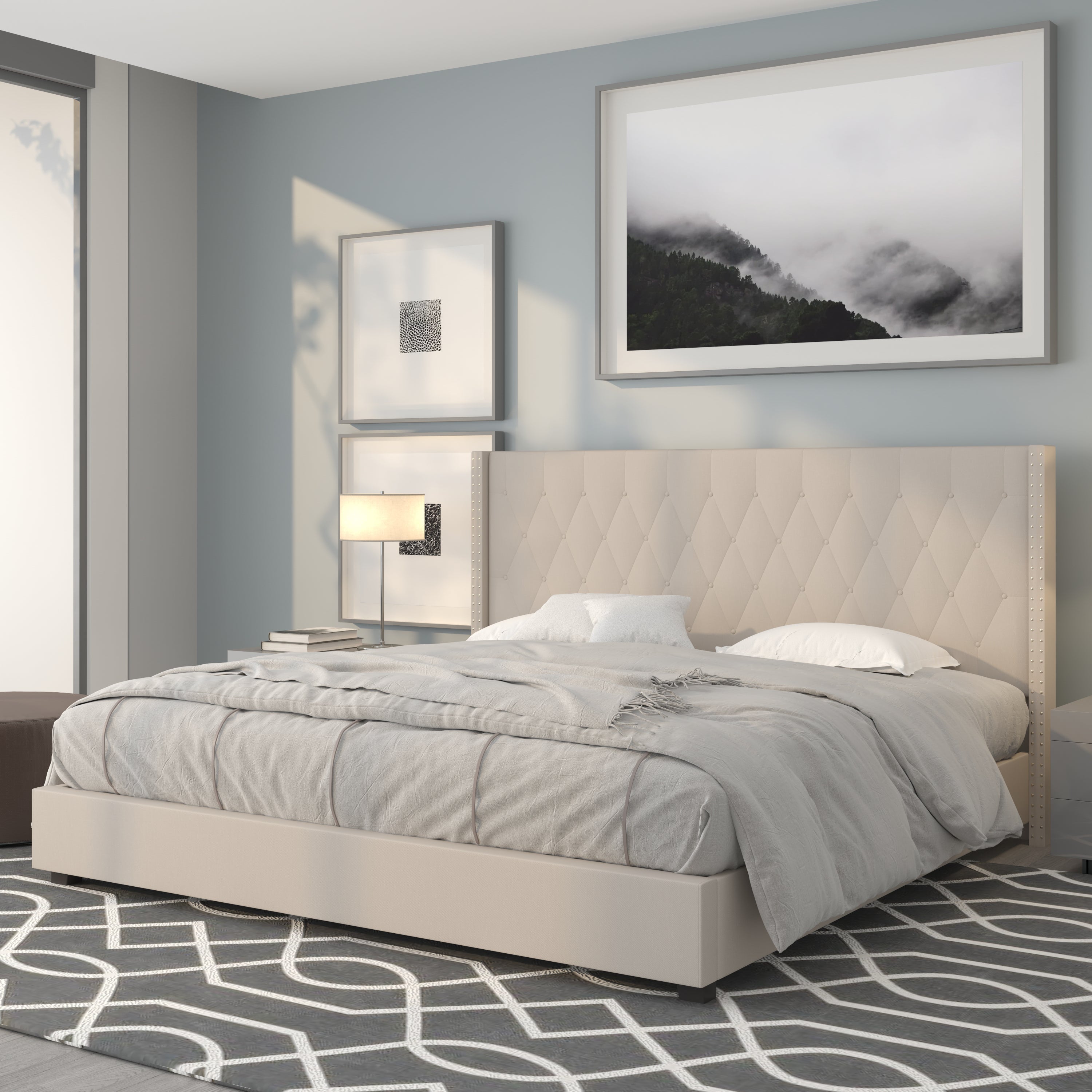 Riverdale Tufted Upholstered Platform Bed with Accent Nail Trimmed Extended Sides