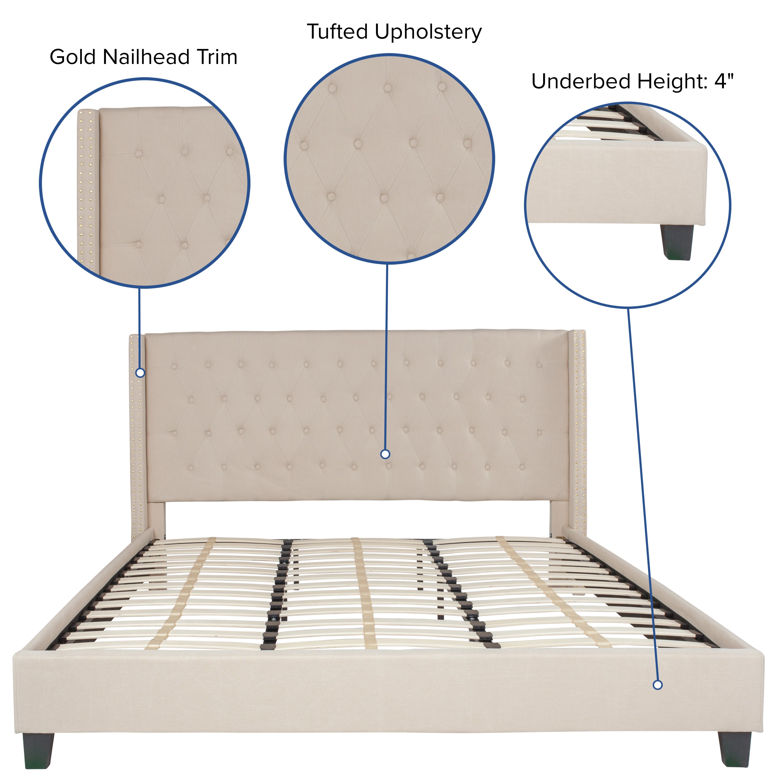 Riverdale Tufted Upholstered Platform Bed with Accent Nail Trimmed Extended Sides