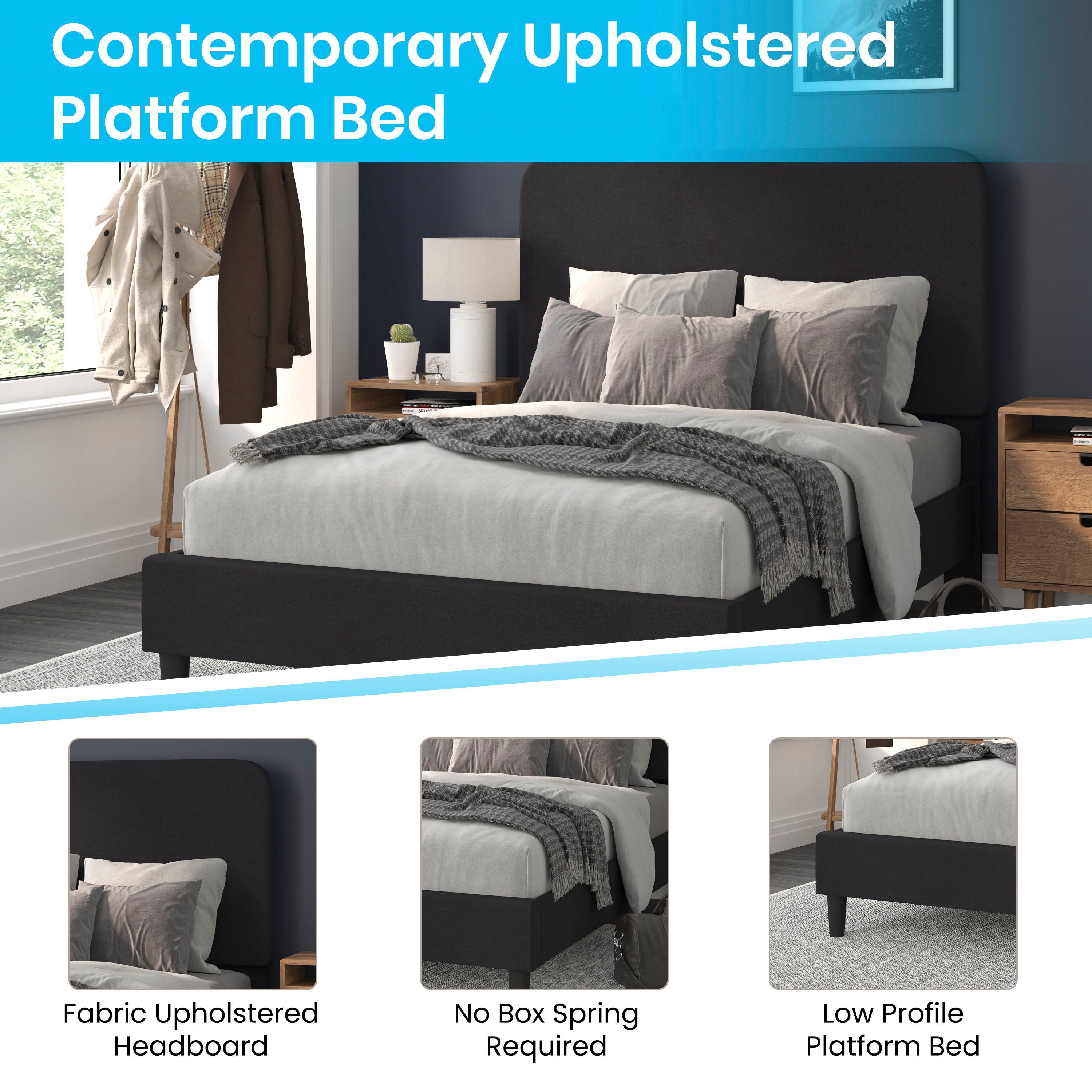 Addison Upholstered Platform Bed - Headboard with Rounded Edges - No Box Spring or Foundation Needed