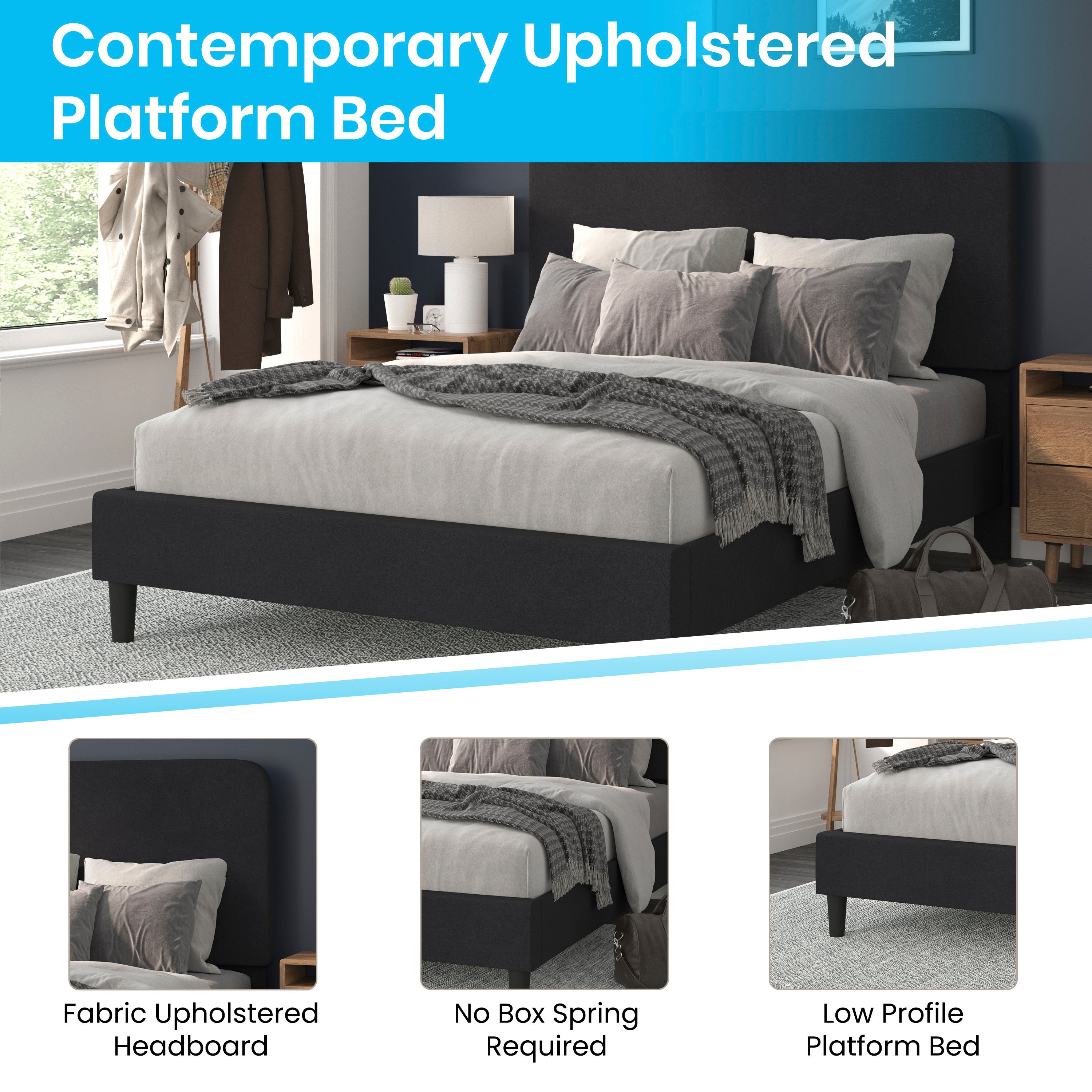 Addison Upholstered Platform Bed - Headboard with Rounded Edges - No Box Spring or Foundation Needed