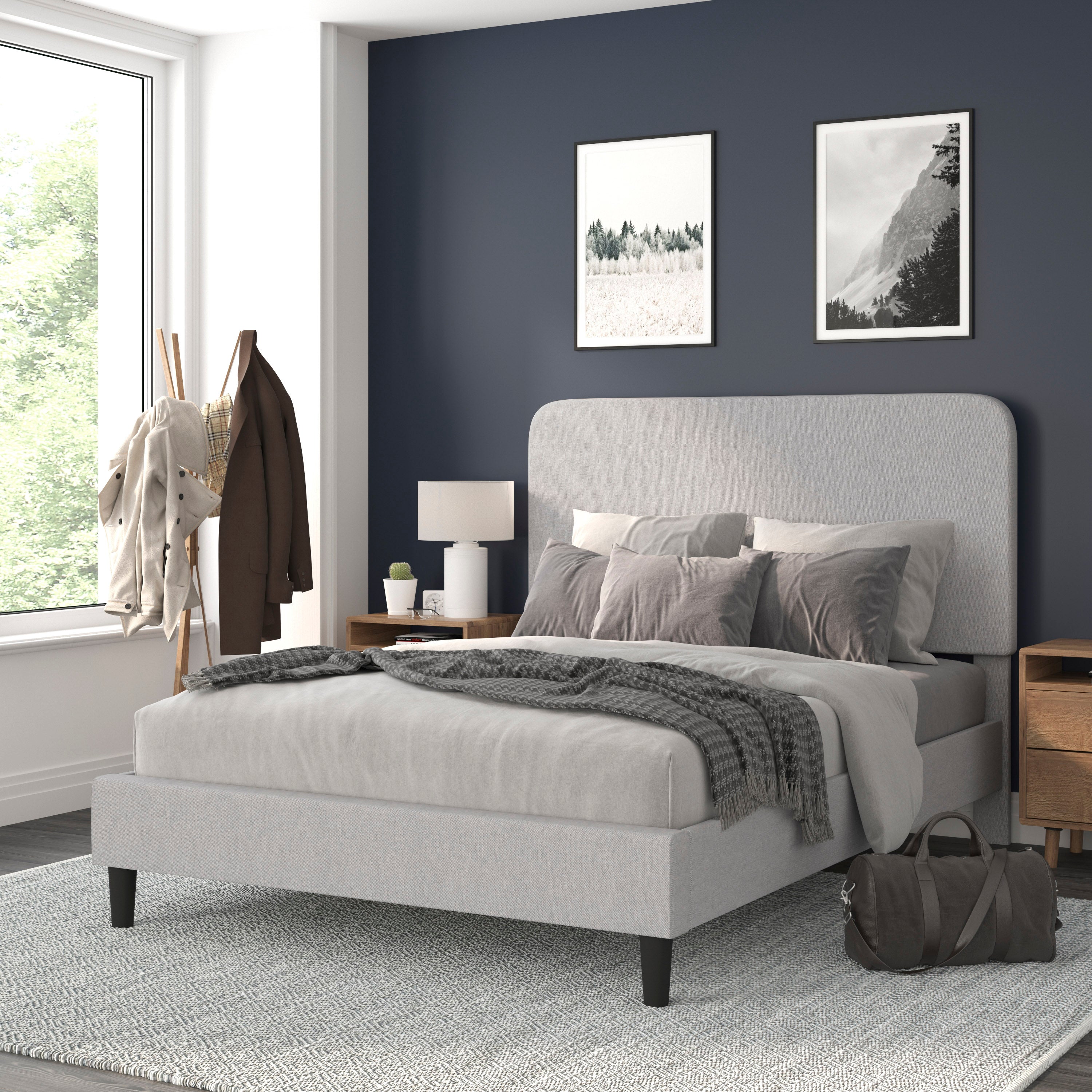 Addison Upholstered Platform Bed - Headboard with Rounded Edges - No Box Spring or Foundation Needed
