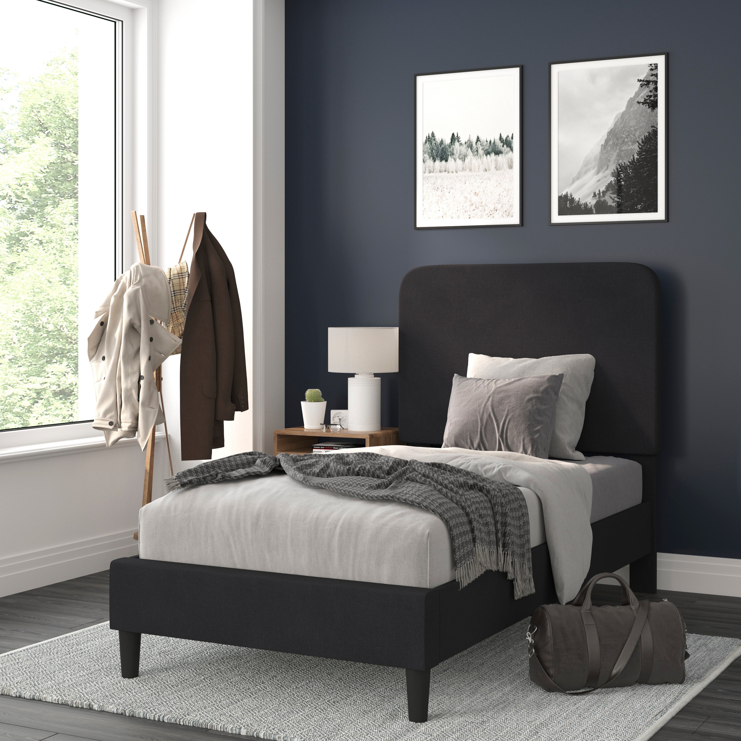 Addison Upholstered Platform Bed - Headboard with Rounded Edges - No Box Spring or Foundation Needed
