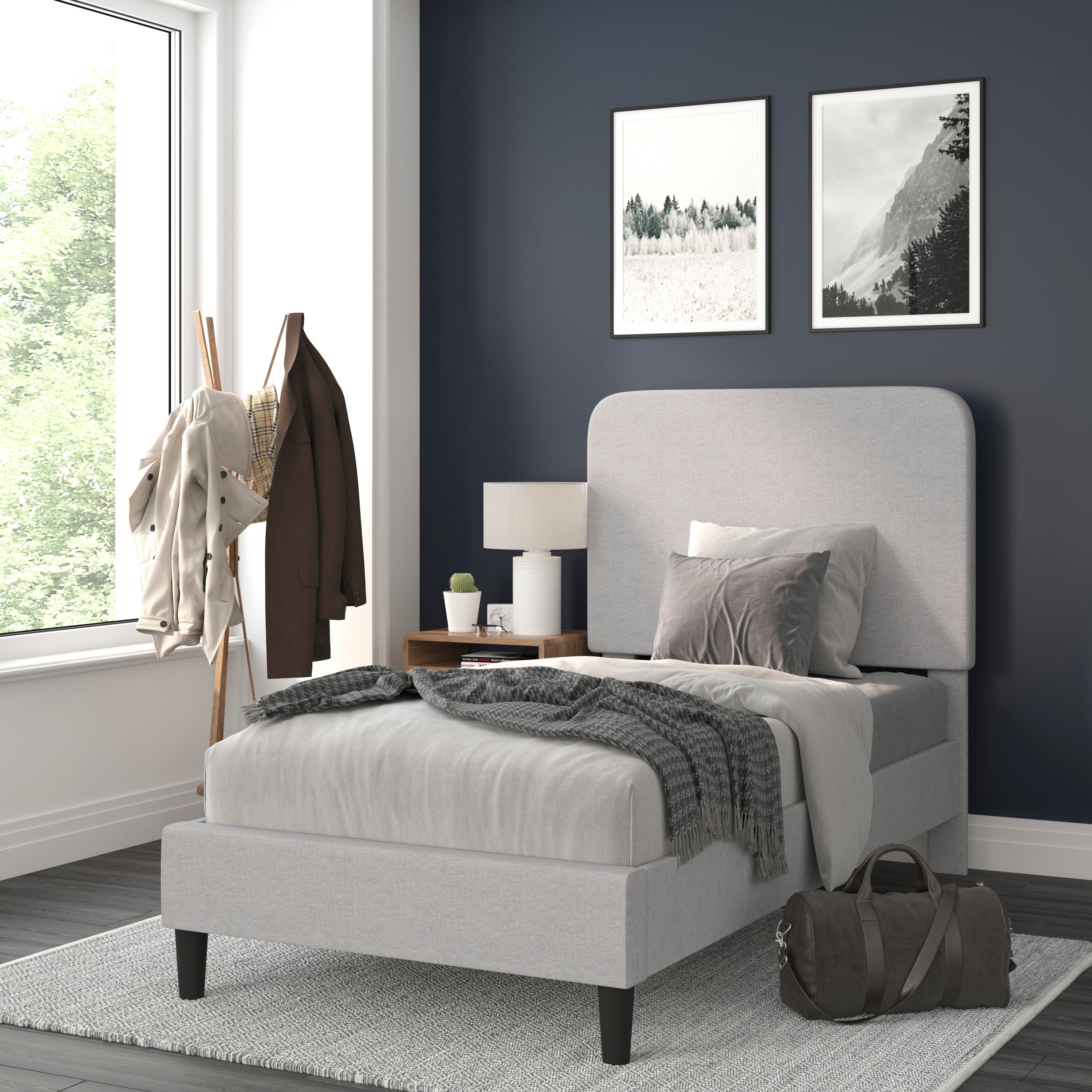 Addison Upholstered Platform Bed - Headboard with Rounded Edges - No Box Spring or Foundation Needed