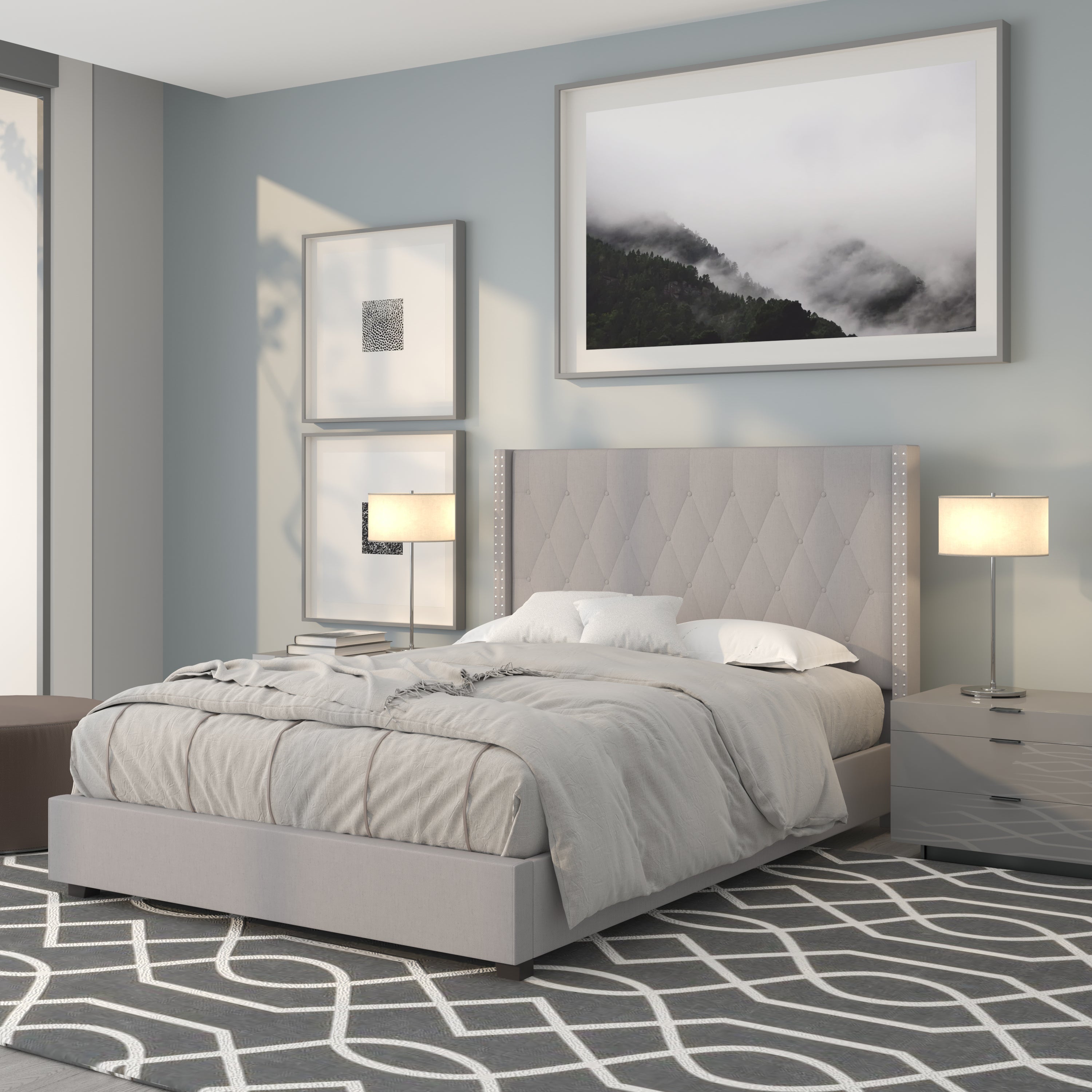 Riverdale Tufted Upholstered Platform Bed with Accent Nail Trimmed Extended Sides
