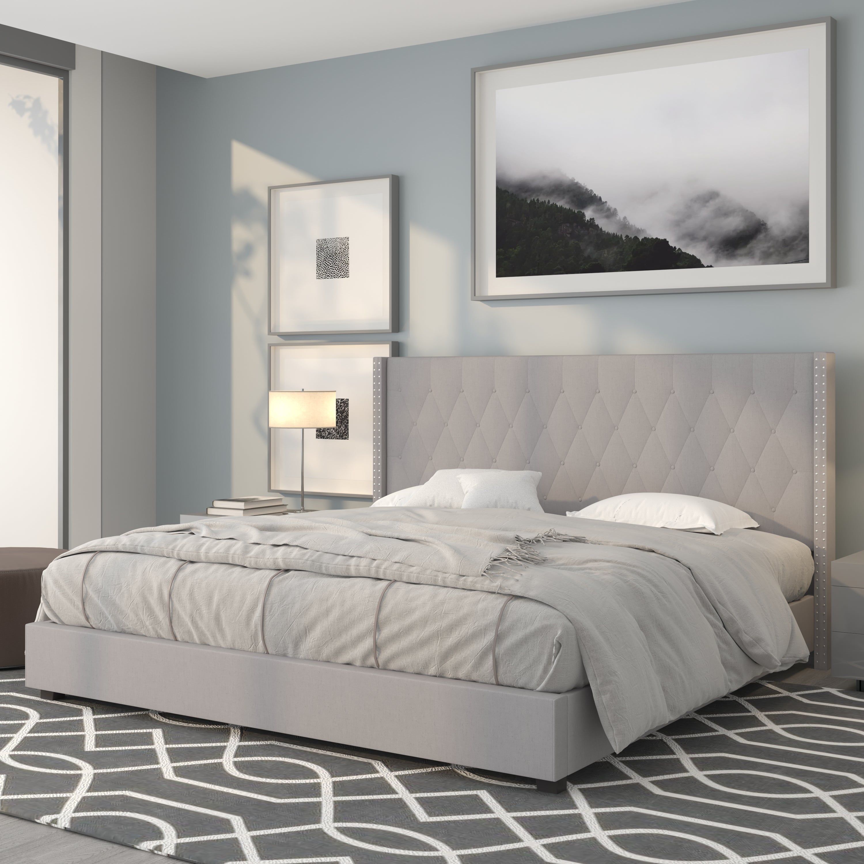 Riverdale Tufted Upholstered Platform Bed with Accent Nail Trimmed Extended Sides