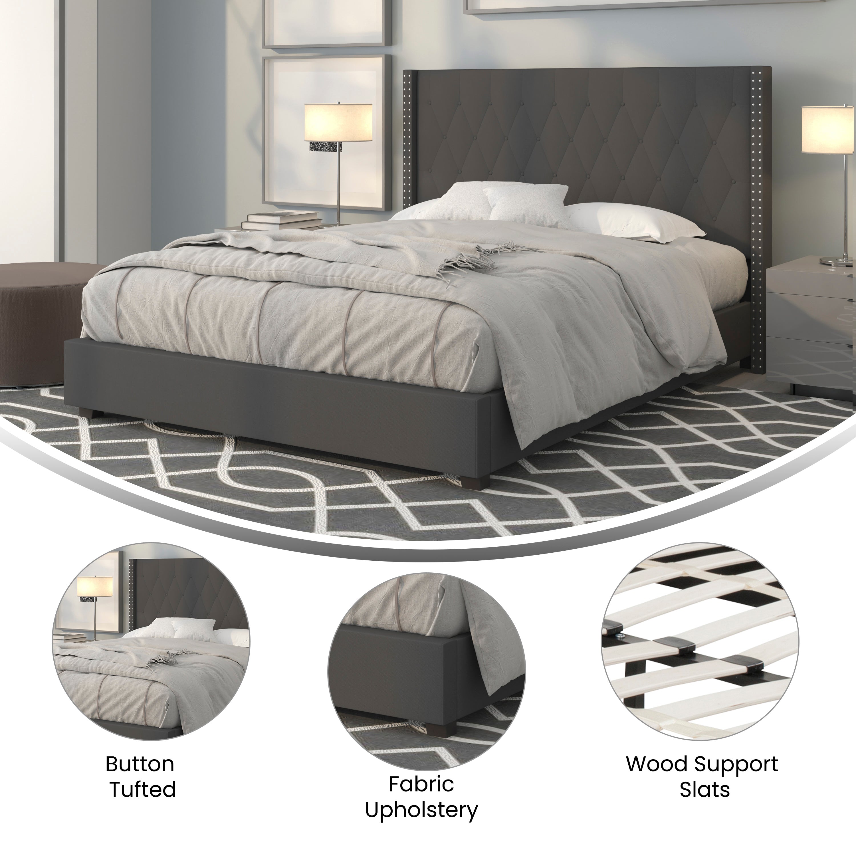 Riverdale Tufted Upholstered Platform Bed with Accent Nail Trimmed Extended Sides