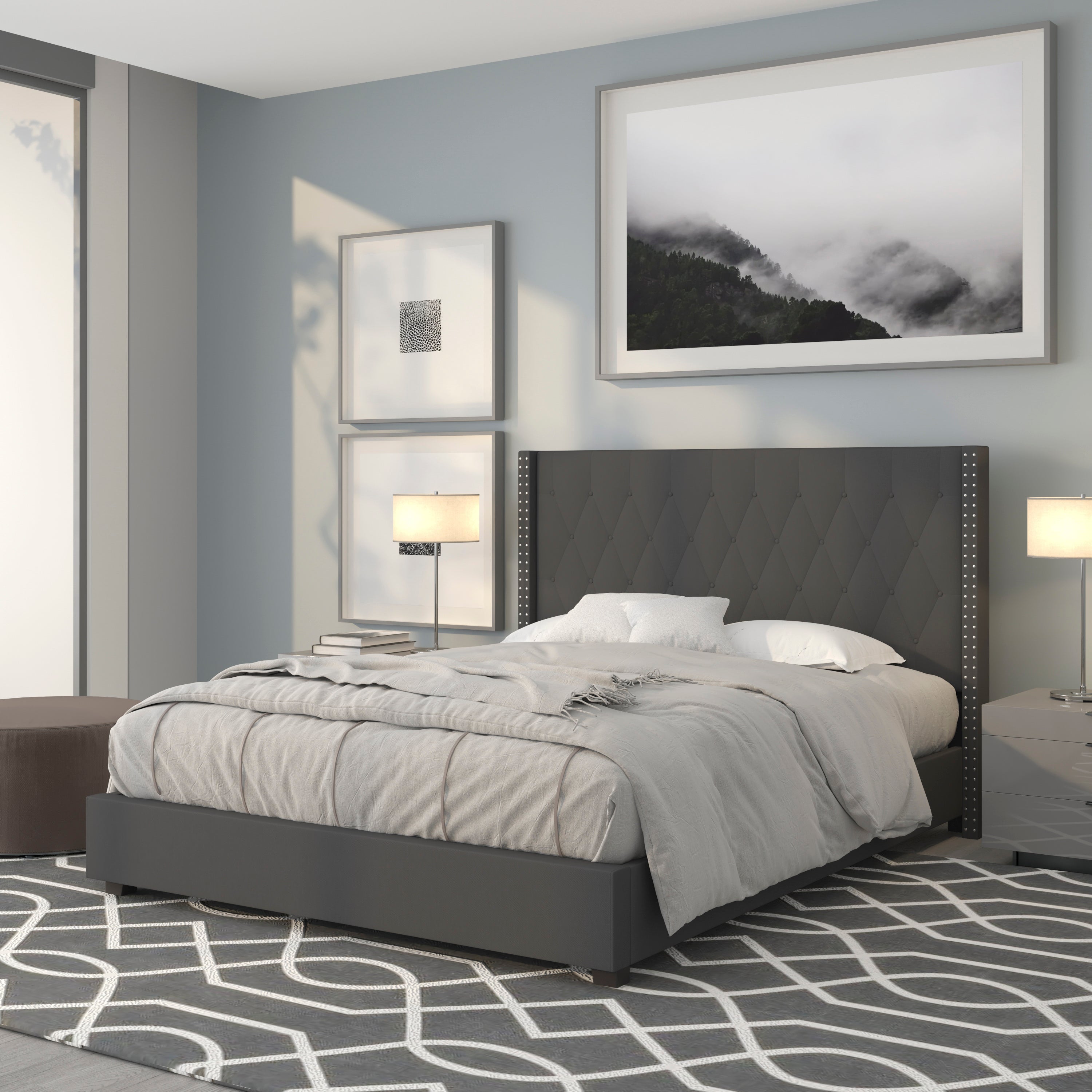 Riverdale Tufted Upholstered Platform Bed with Accent Nail Trimmed Extended Sides