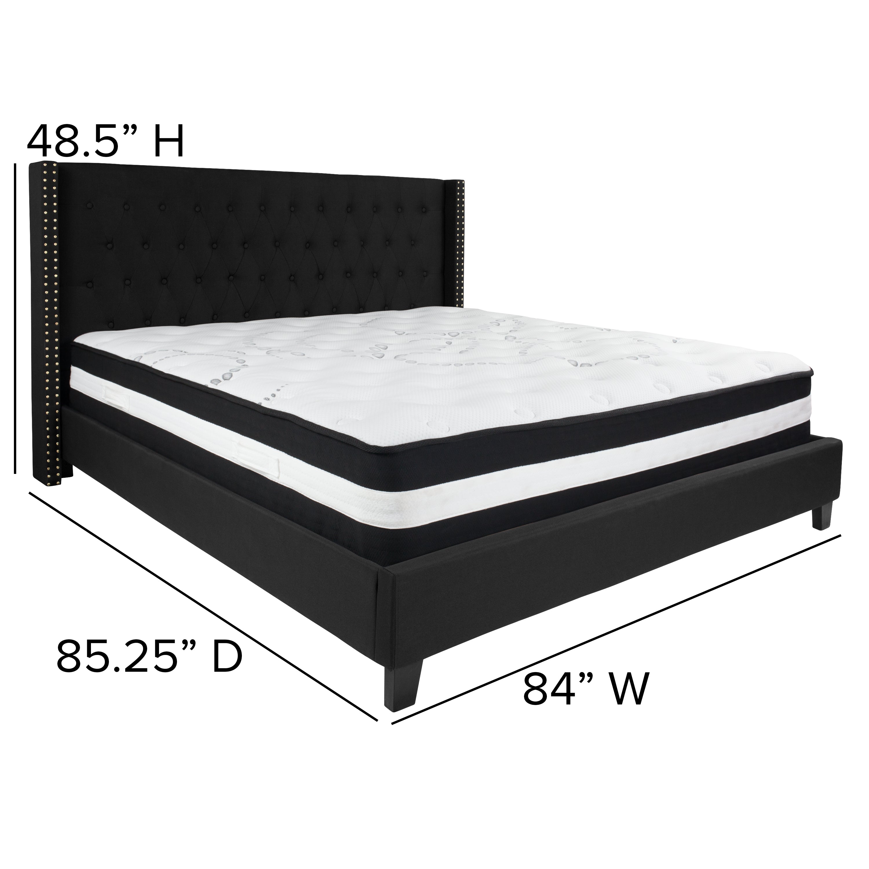 Riverdale Tufted Upholstered Platform Bed with Accent Nail Trimmed Extended Sides with Pocket Spring Mattress-Bed & Mattress-Flash Furniture-Wall2Wall Furnishings