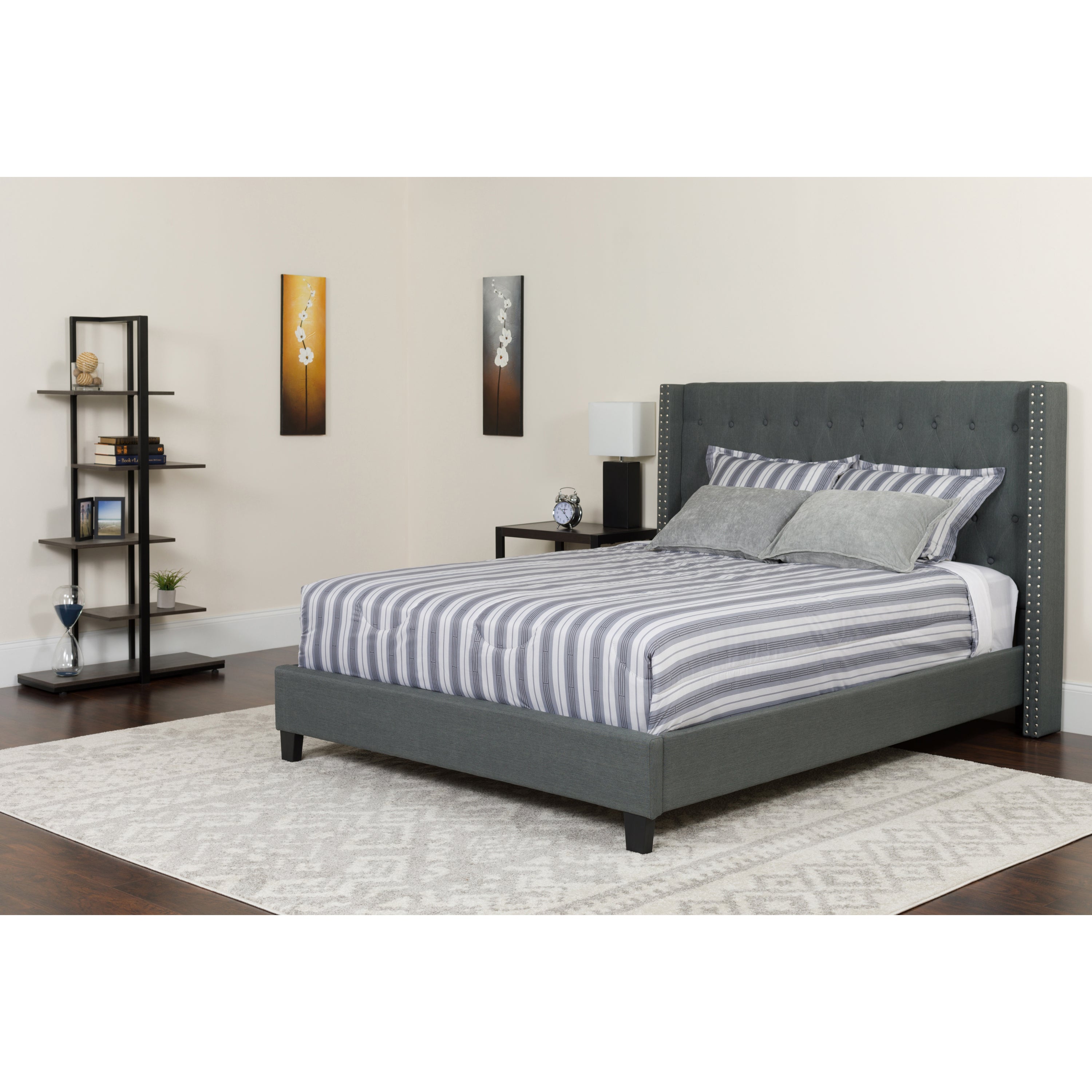 Riverdale Tufted Upholstered Platform Bed with Accent Nail Trimmed Extended Sides with Pocket Spring Mattress-Bed & Mattress-Flash Furniture-Wall2Wall Furnishings