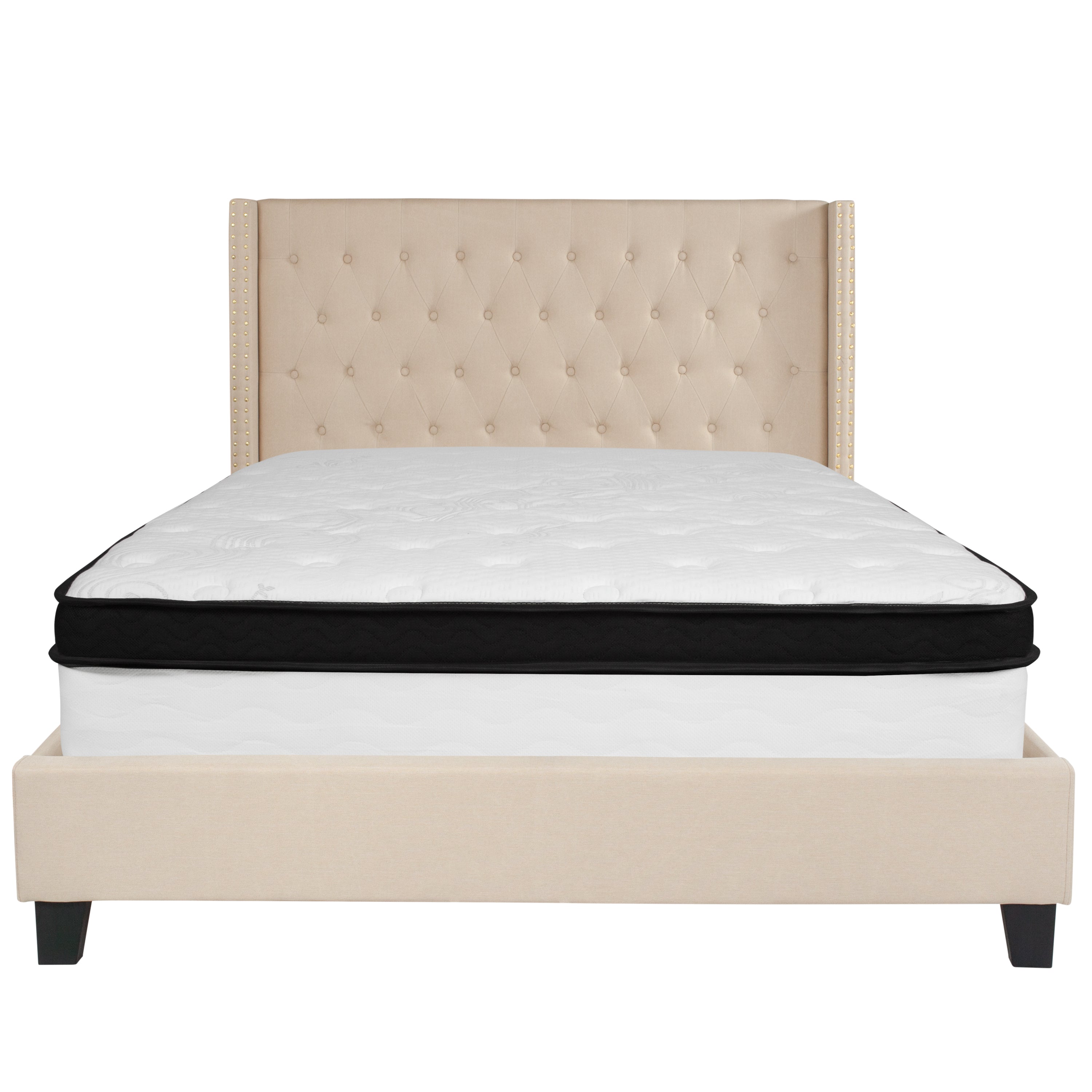 Riverdale Tufted Upholstered Platform Bed with Accent Nail Trimmed Extended Sides with Memory Foam Pocket Spring Mattress