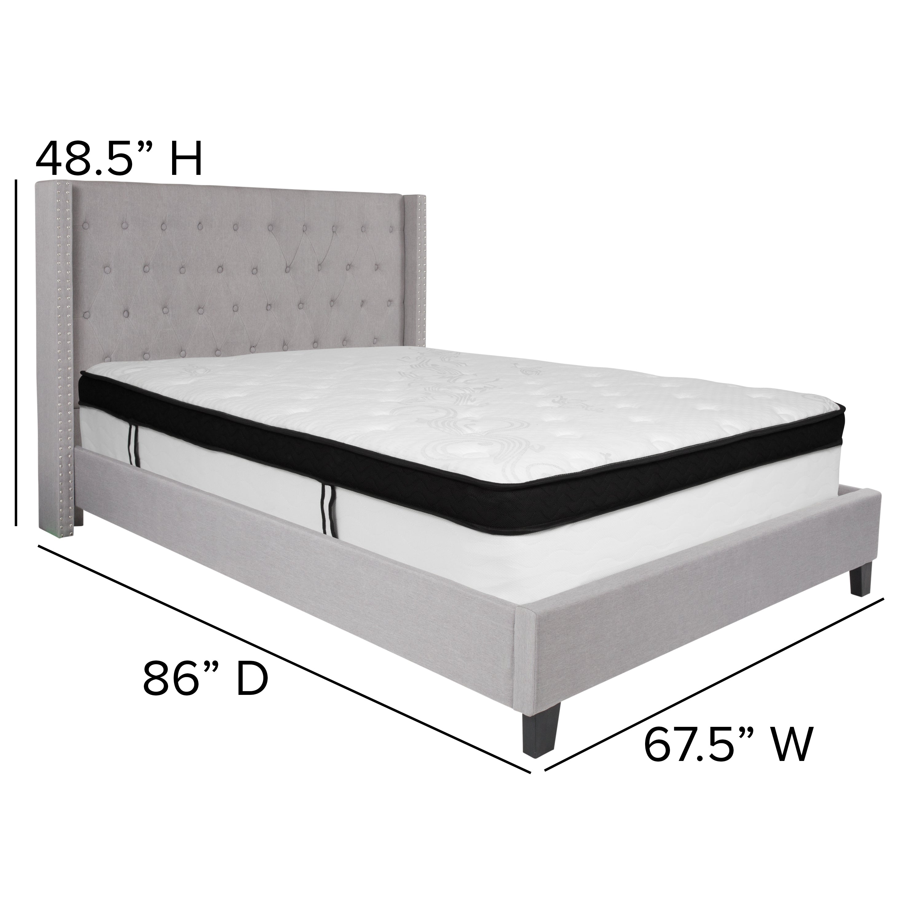 Riverdale Tufted Upholstered Platform Bed with Accent Nail Trimmed Extended Sides with Memory Foam Pocket Spring Mattress-Bed & Mattress-Flash Furniture-Wall2Wall Furnishings