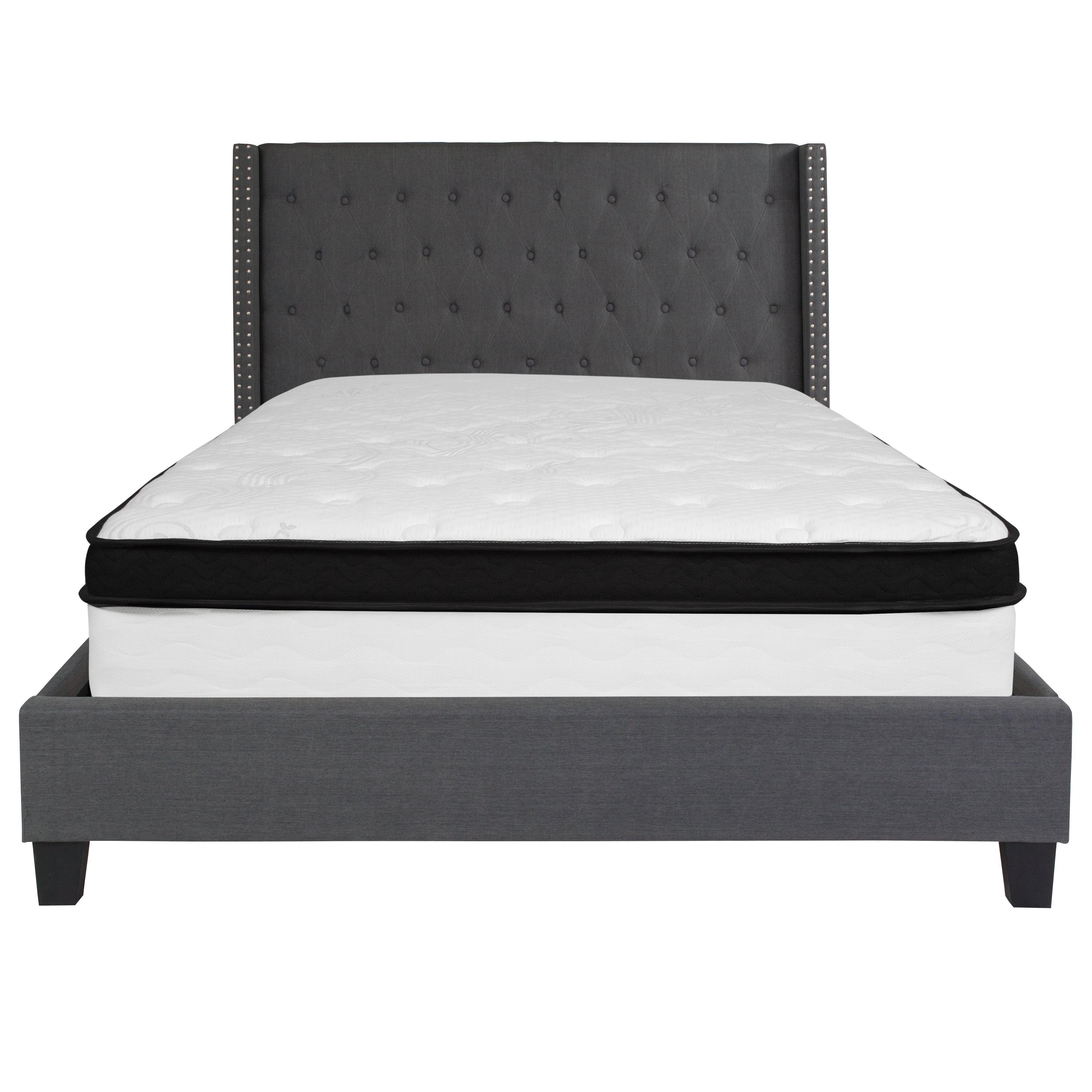 Riverdale Tufted Upholstered Platform Bed with Accent Nail Trimmed Extended Sides with Memory Foam Pocket Spring Mattress