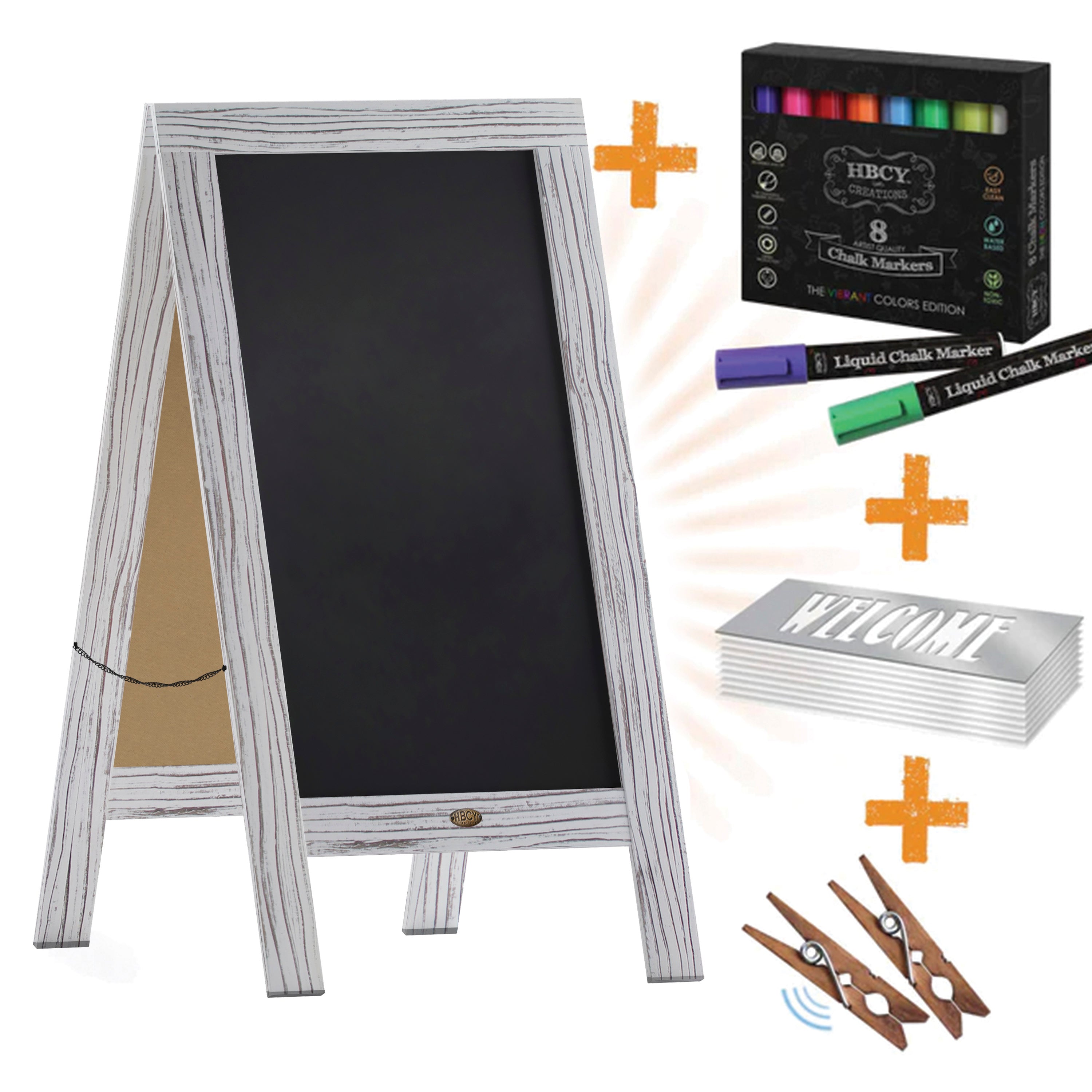 Canterbury Wooden Indoor/Outdoor A-Frame Magnetic Chalkboard Sign Set with 8 Chalk Markers, 10 Stencils, Eraser, and 2 Magnets-Magnetic A-Frame Chalkboard-Flash Furniture-Wall2Wall Furnishings