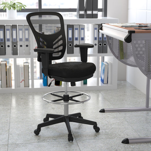 Mid-Back Mesh Ergonomic Drafting Chair with Adjustable Chrome Foot Ring, Adjustable Arms