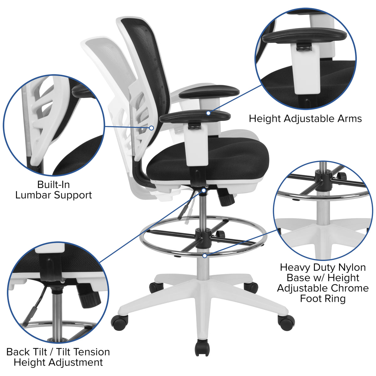 Mid-Back Mesh Ergonomic Drafting Chair with Adjustable Chrome Foot Ring, Adjustable Arms