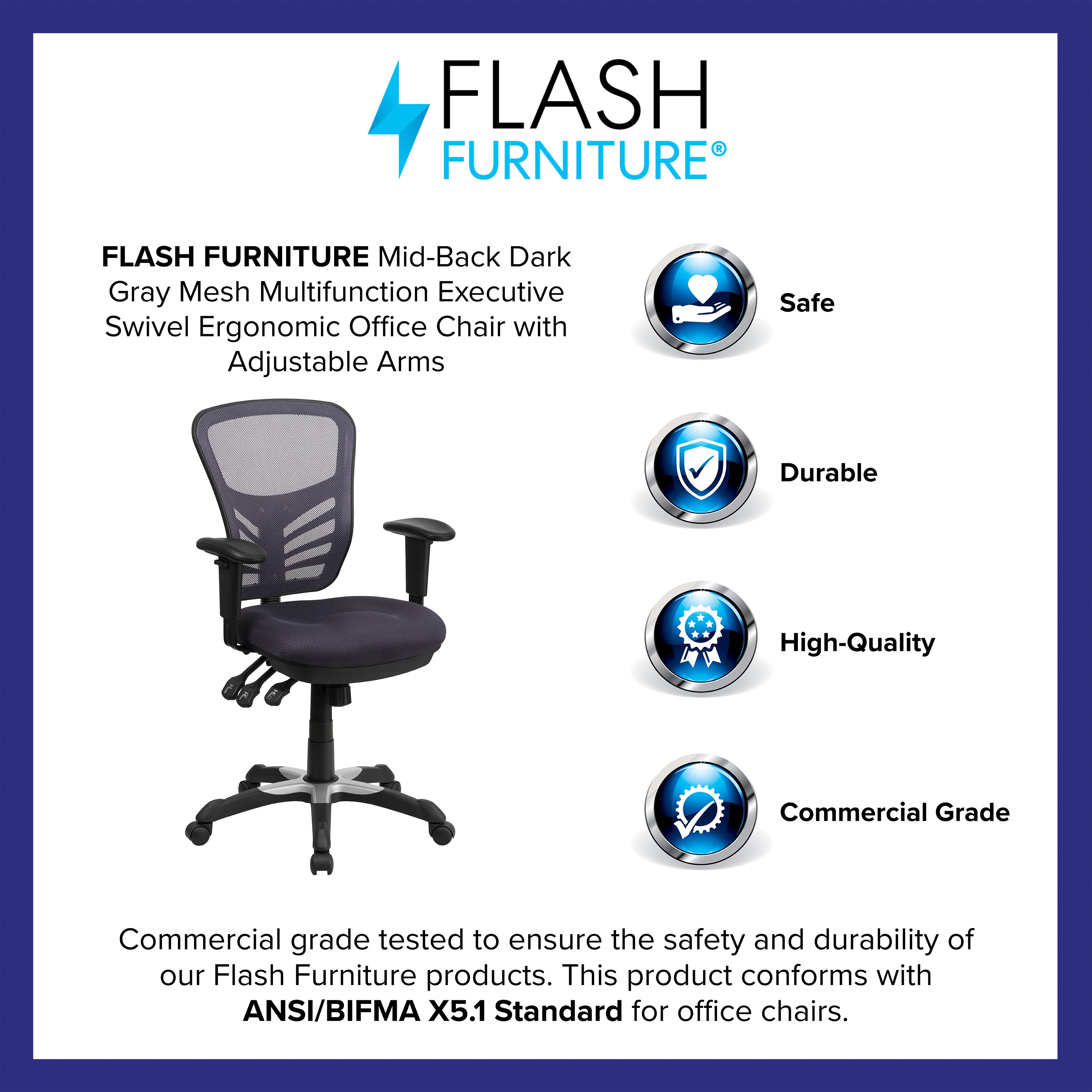 Mid-Back Mesh Multifunction Executive Swivel Ergonomic Office Chair with Adjustable Arms