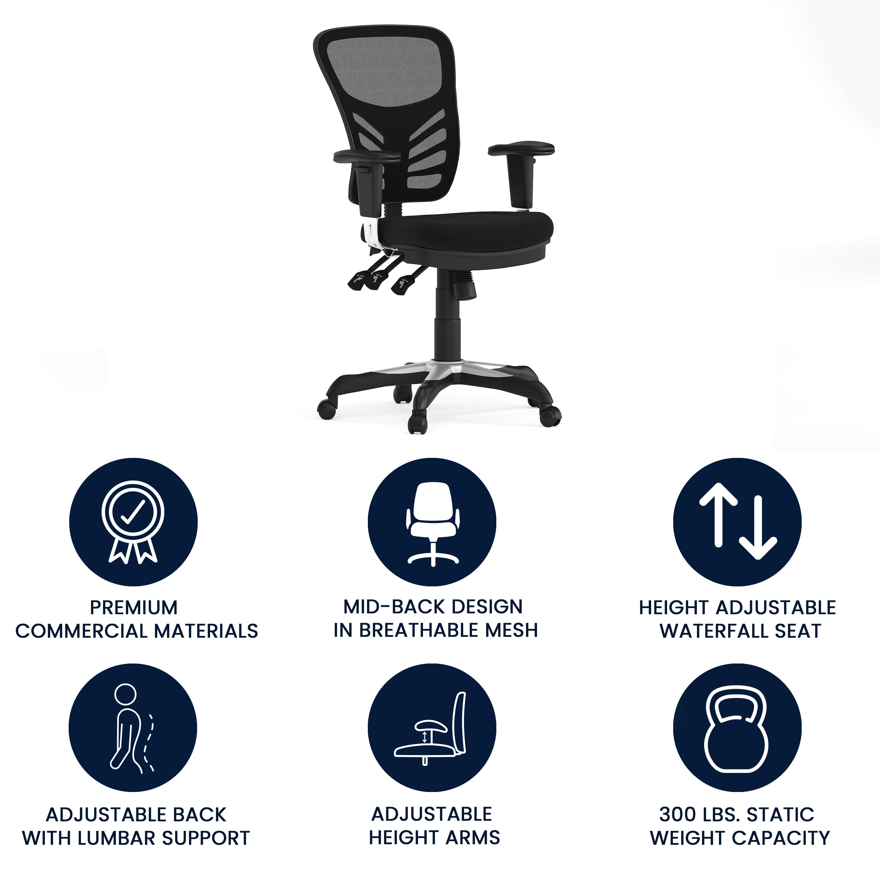Mid-Back Mesh Multifunction Executive Swivel Ergonomic Office Chair with Adjustable Arms