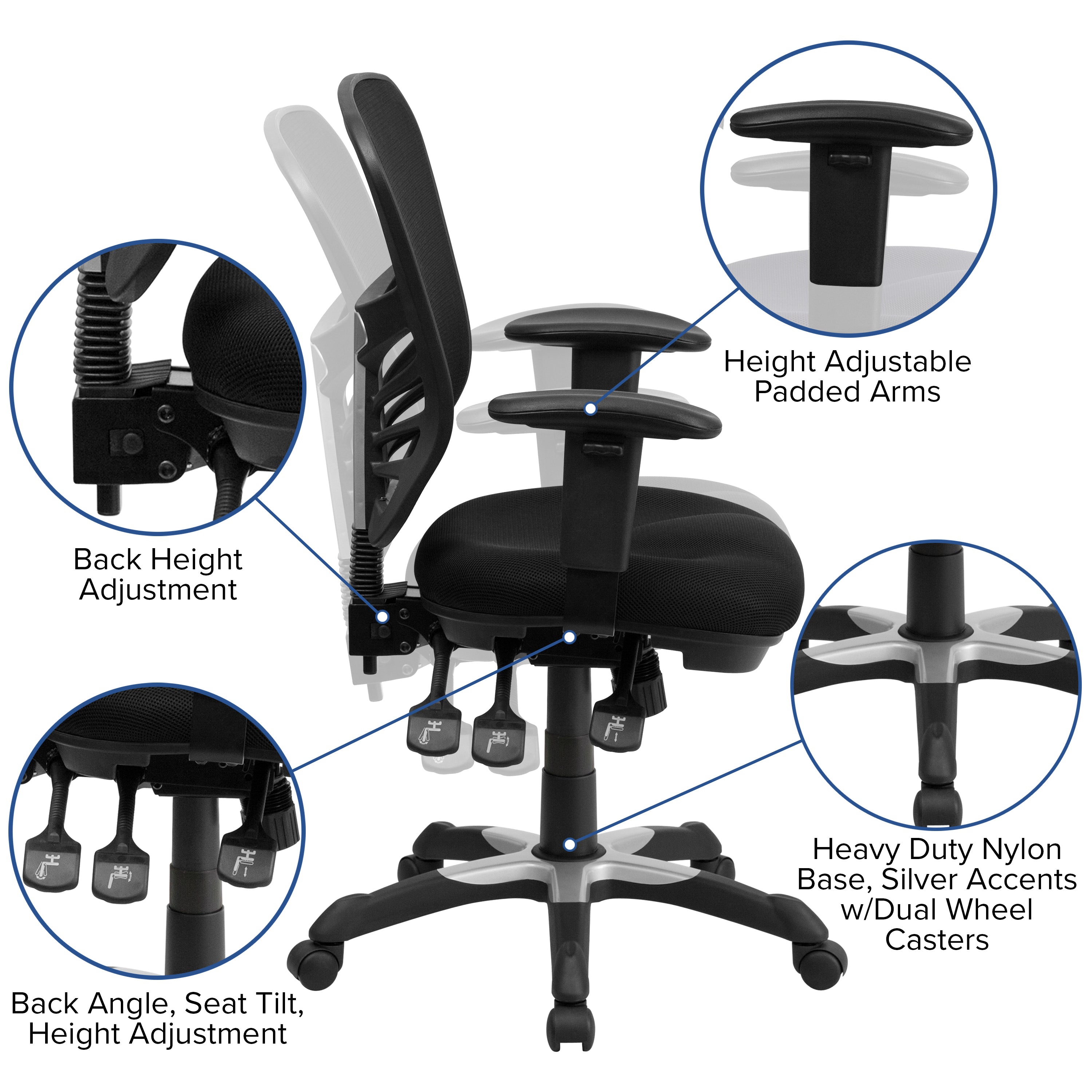 Mid-Back Mesh Multifunction Executive Swivel Ergonomic Office Chair with Adjustable Arms