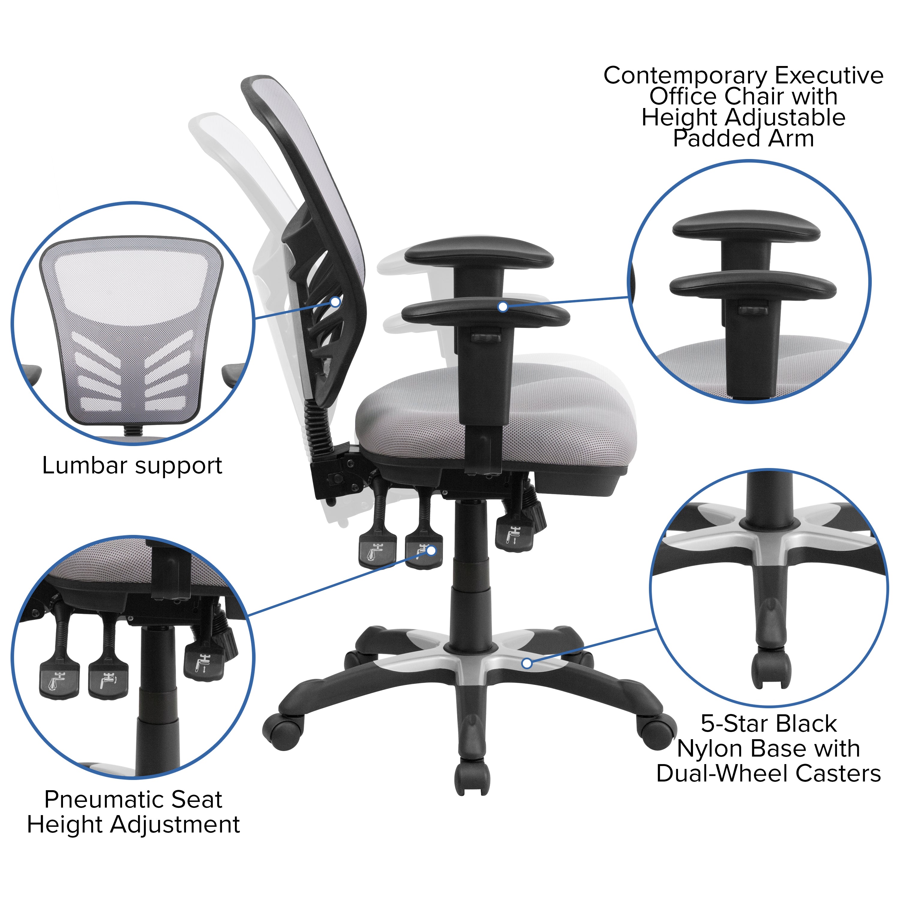 Mid-Back Mesh Multifunction Executive Swivel Ergonomic Office Chair with Adjustable Arms