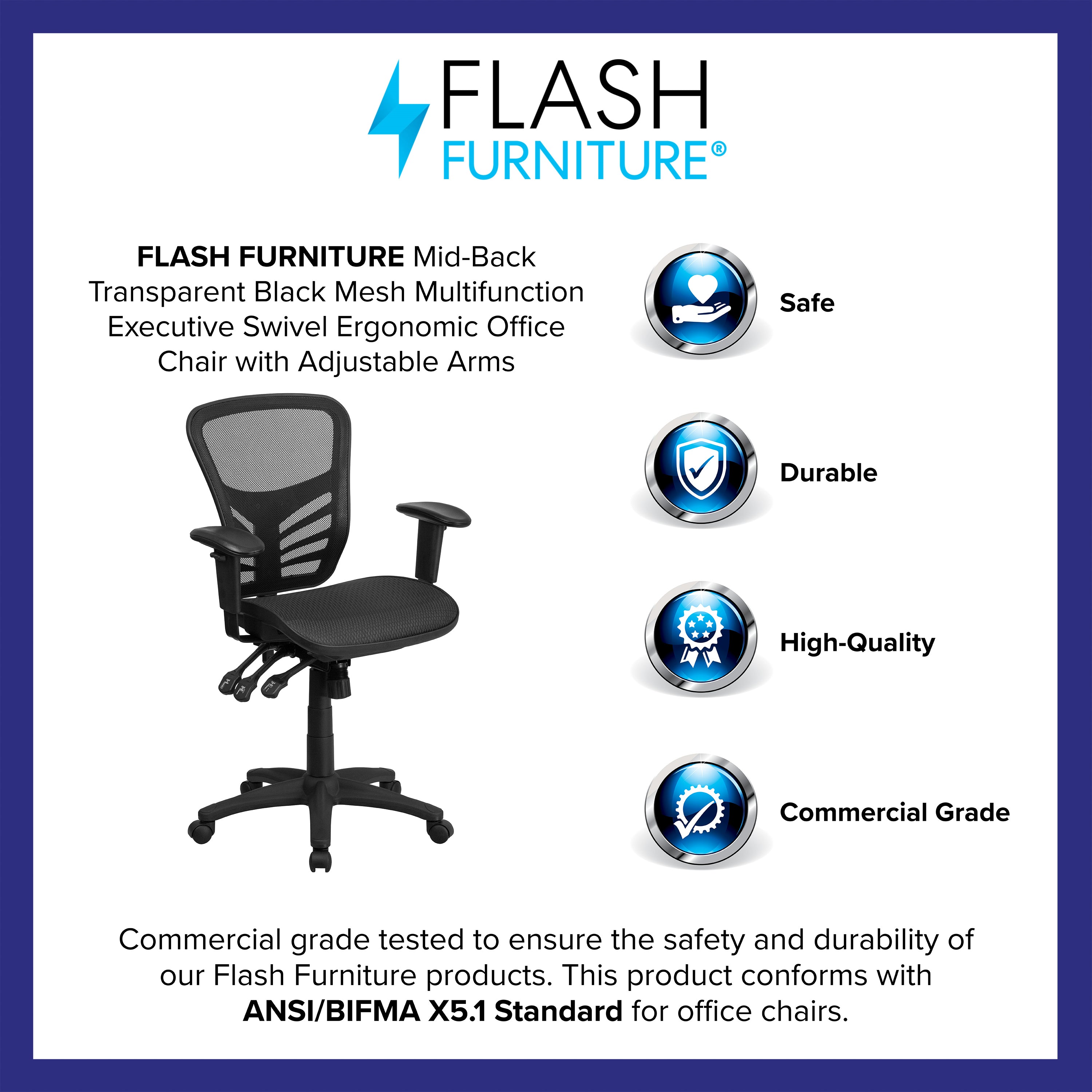 Mid-Back Transparent Mesh Multifunction Executive Swivel Ergonomic Office Chair with Adjustable Arms