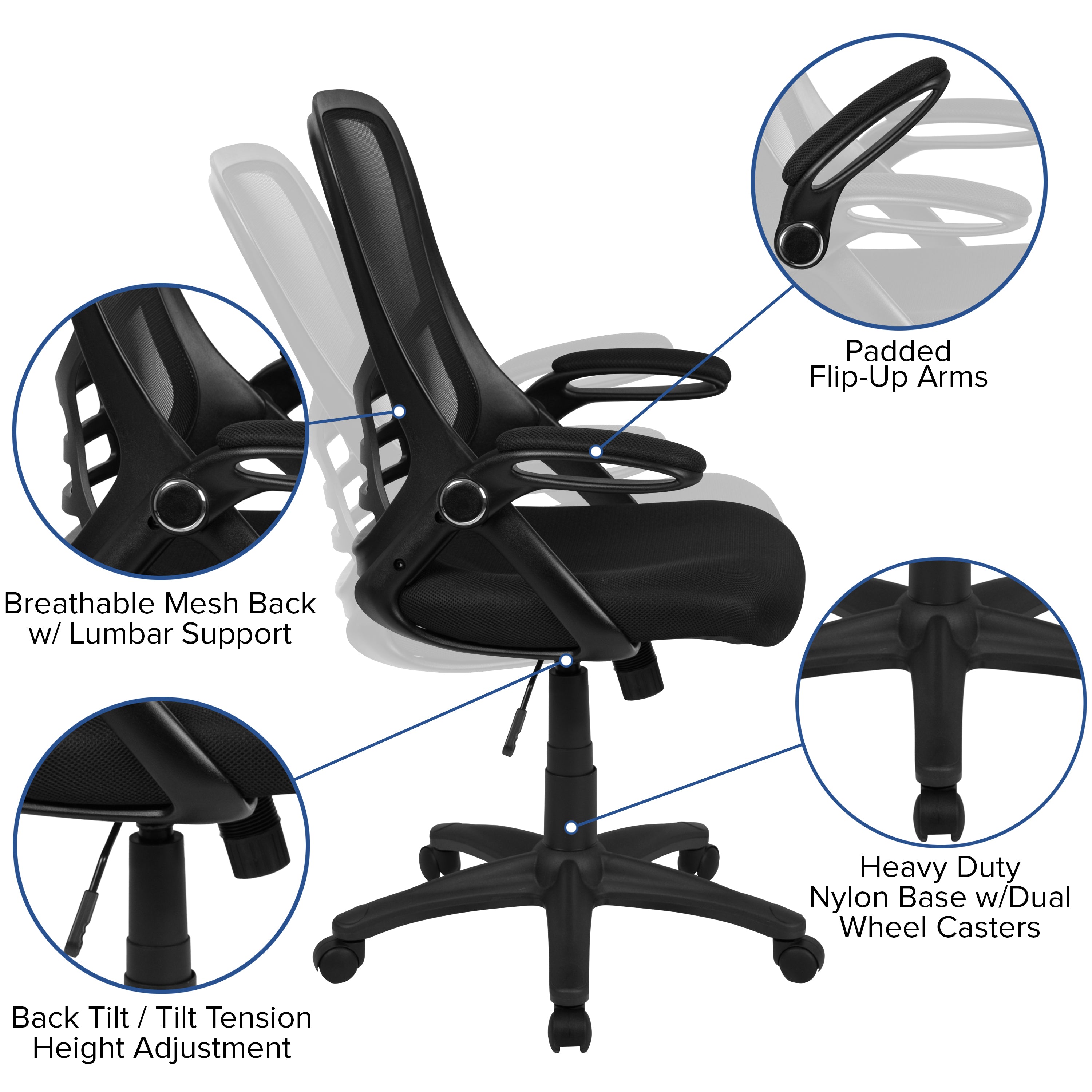 High Back Mesh Ergonomic Swivel Office Chair with Flip-up Arms