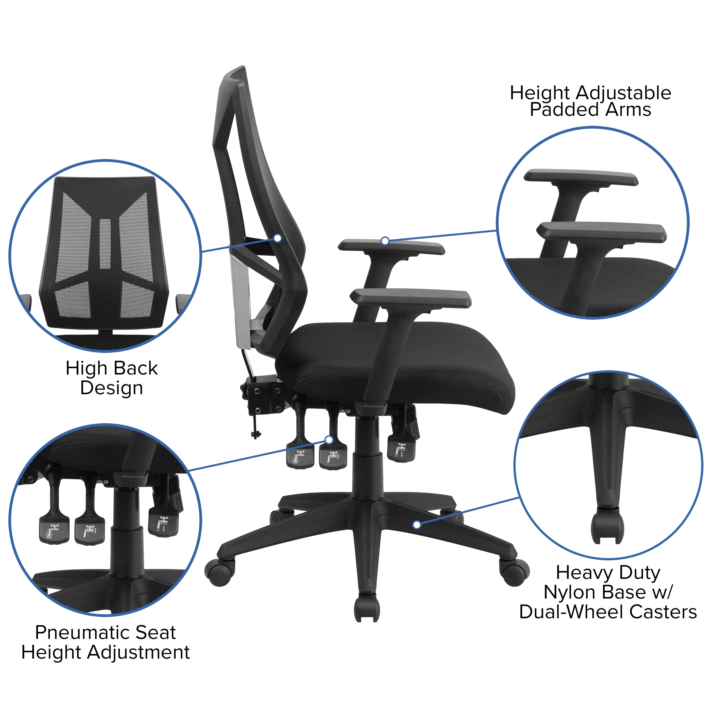 High Back Mesh Multifunction Swivel Ergonomic Task Office Chair with Adjustable Arms