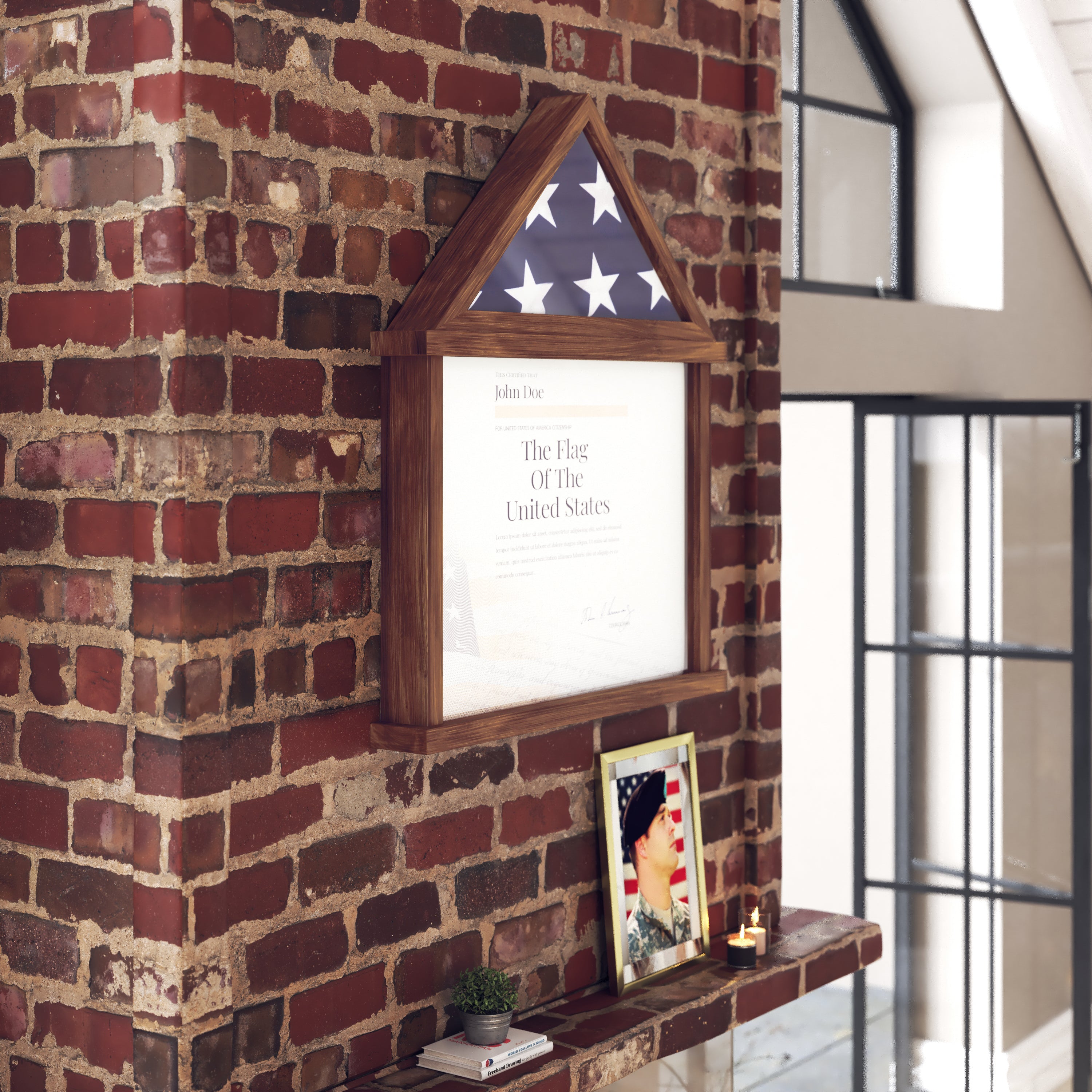 Quincy Memorial Flag Display Case with Certificate Holder, Pine Wood Shadow Box for Flag, Certificate, and Medals-Flag Cases-Flash Furniture-Wall2Wall Furnishings