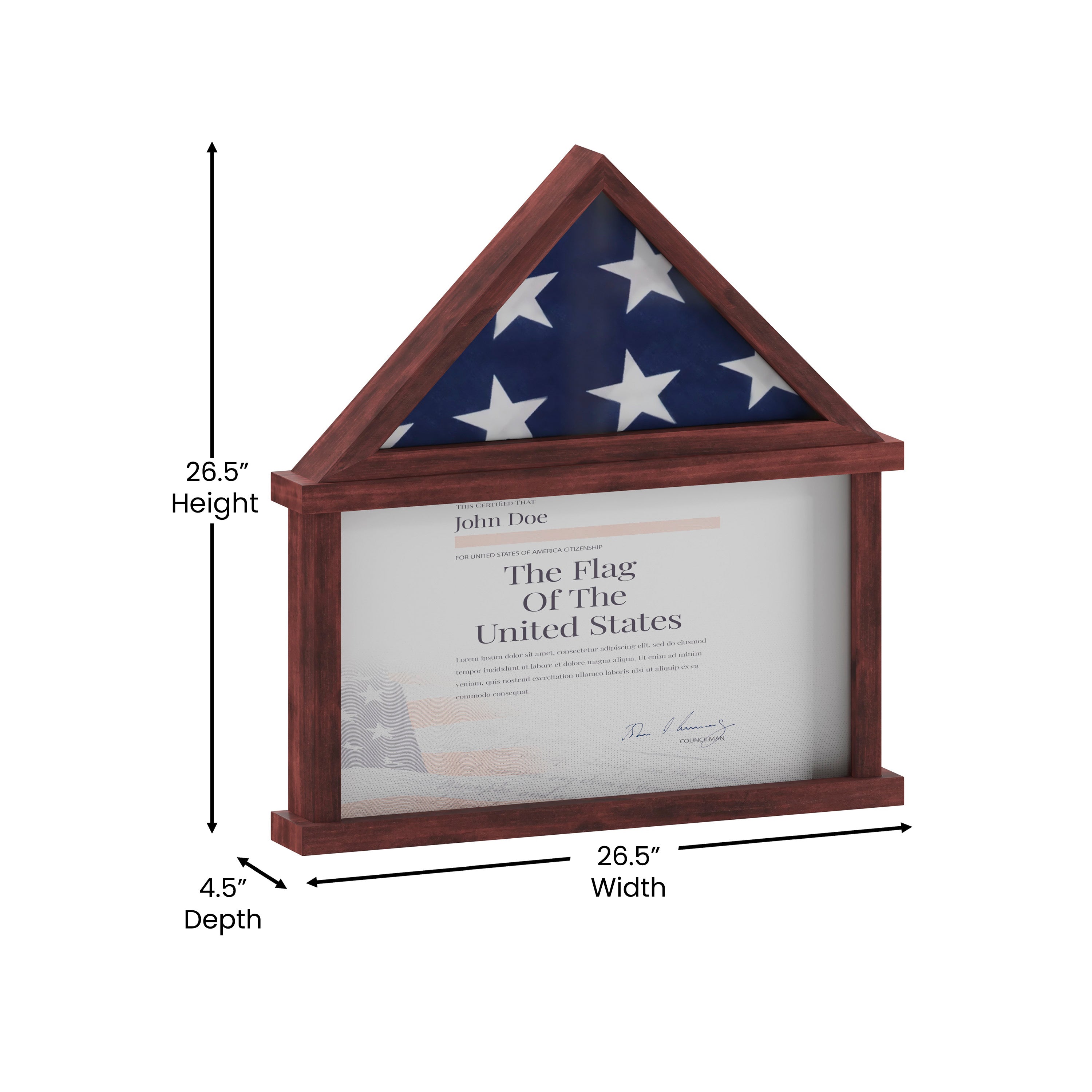Quincy Memorial Flag Display Case with Certificate Holder, Pine Wood Shadow Box for Flag, Certificate, and Medals-Flag Cases-Flash Furniture-Wall2Wall Furnishings
