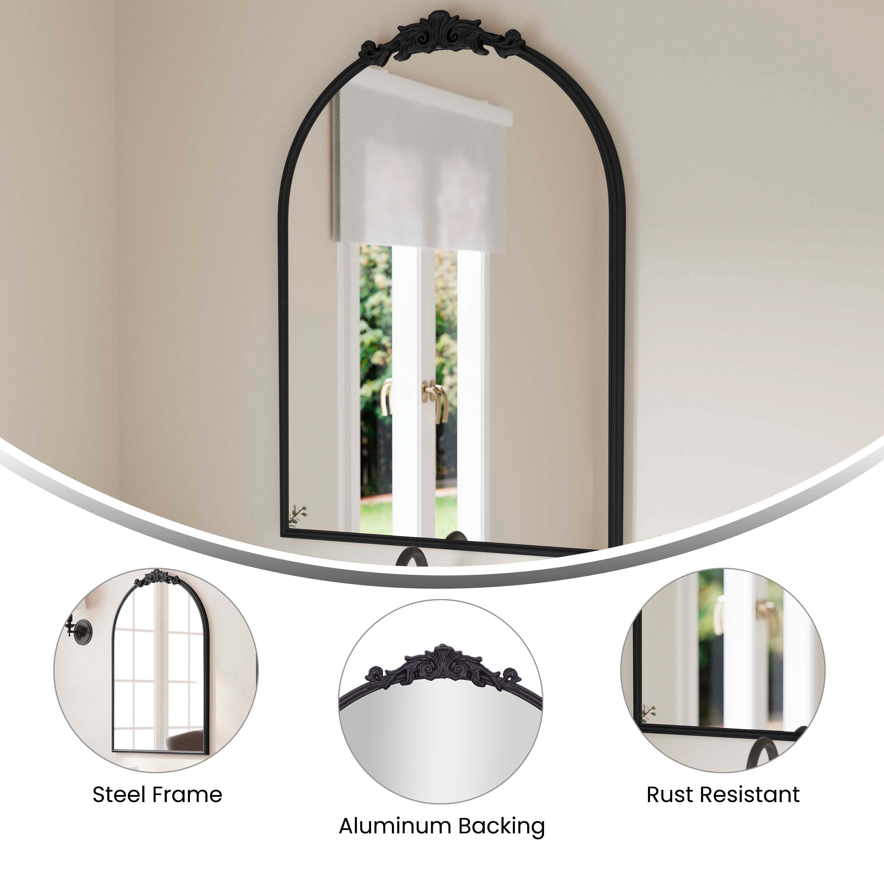 Esme Traditional Arched Wall Mirror with Baroque Detail - Large Accent Mirror for Bathroom, Entryway, Dining Room, & Living Room