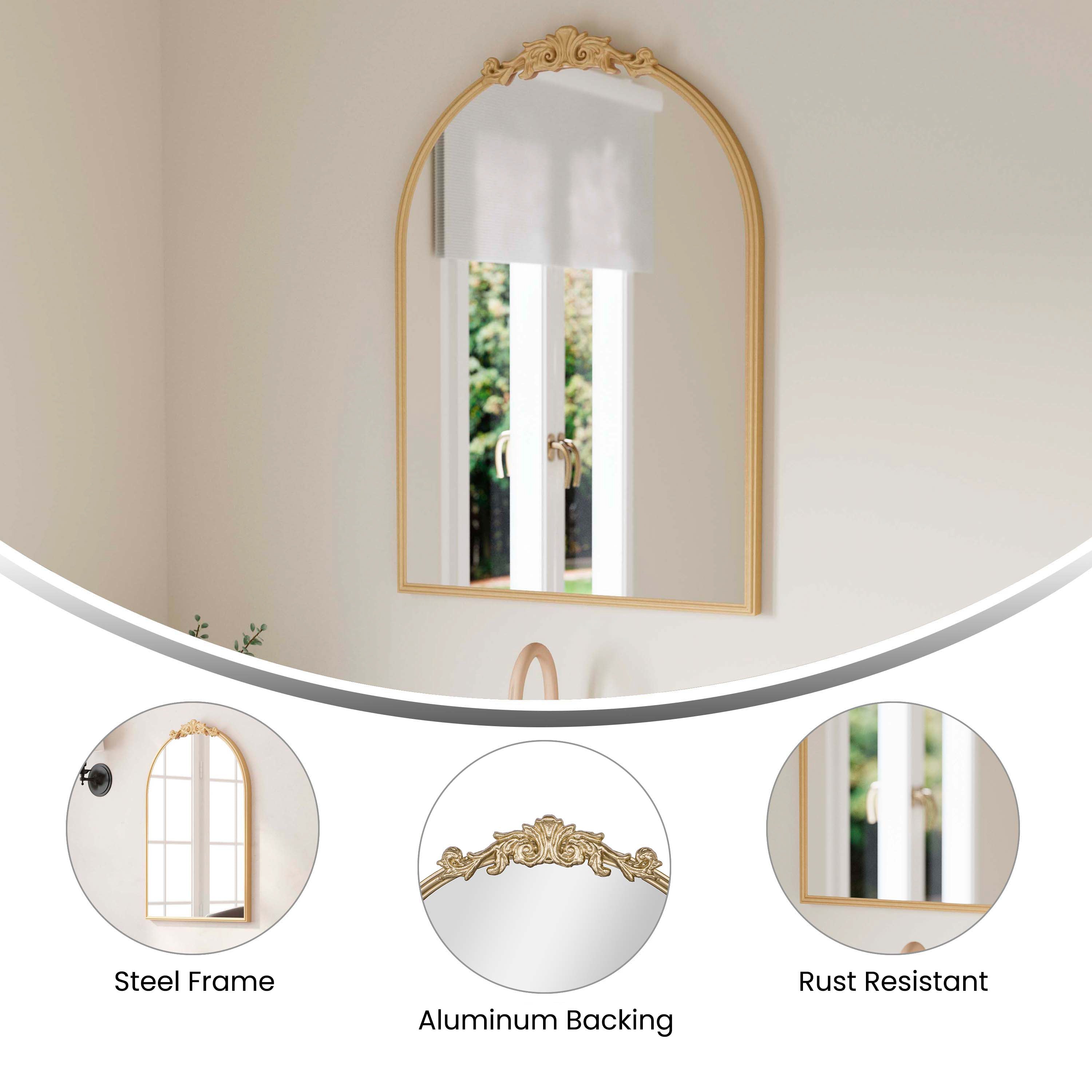 Esme Traditional Arched Wall Mirror with Baroque Detail - Large Accent Mirror for Bathroom, Entryway, Dining Room, & Living Room