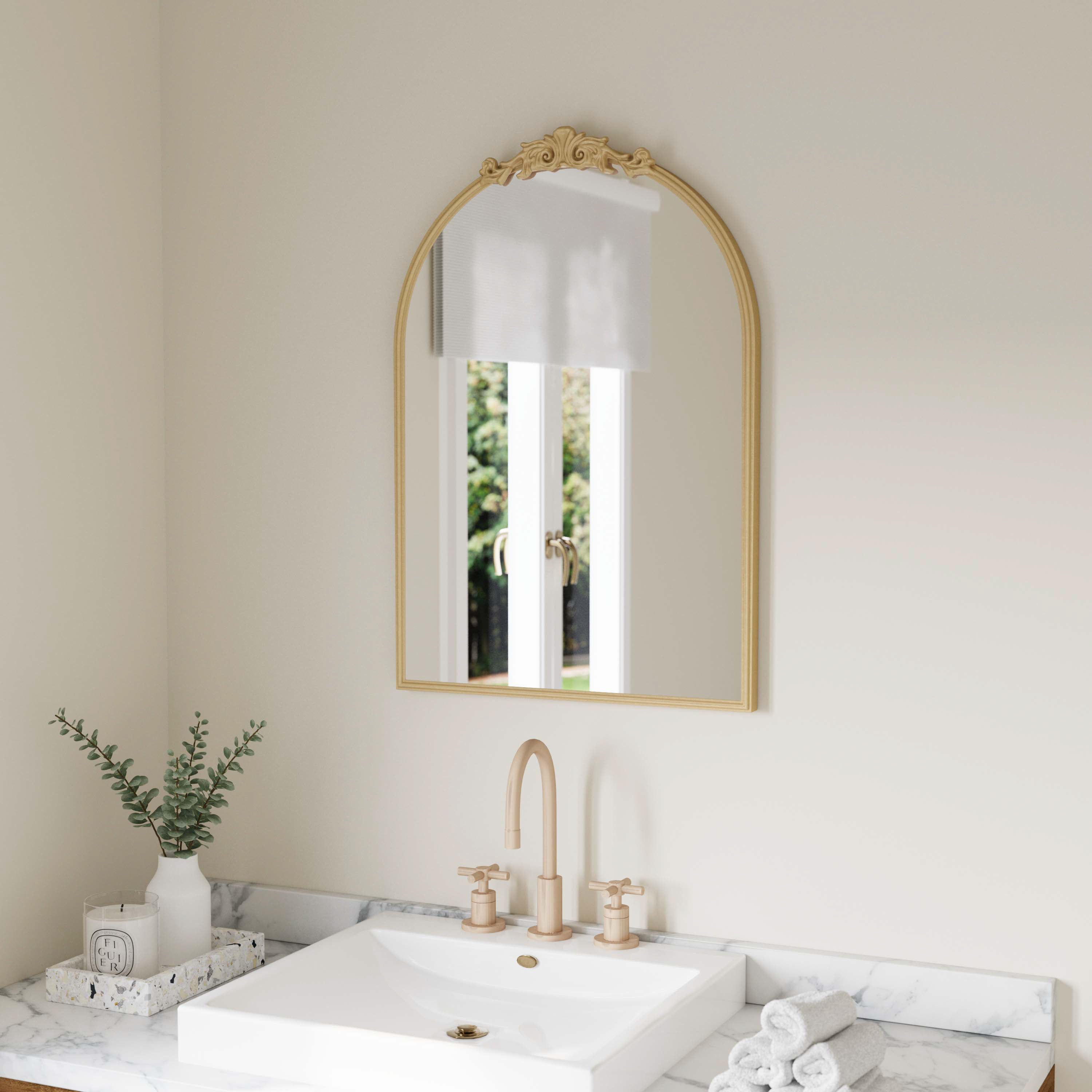 Esme Traditional Arched Wall Mirror with Baroque Detail - Large Accent Mirror for Bathroom, Entryway, Dining Room, & Living Room